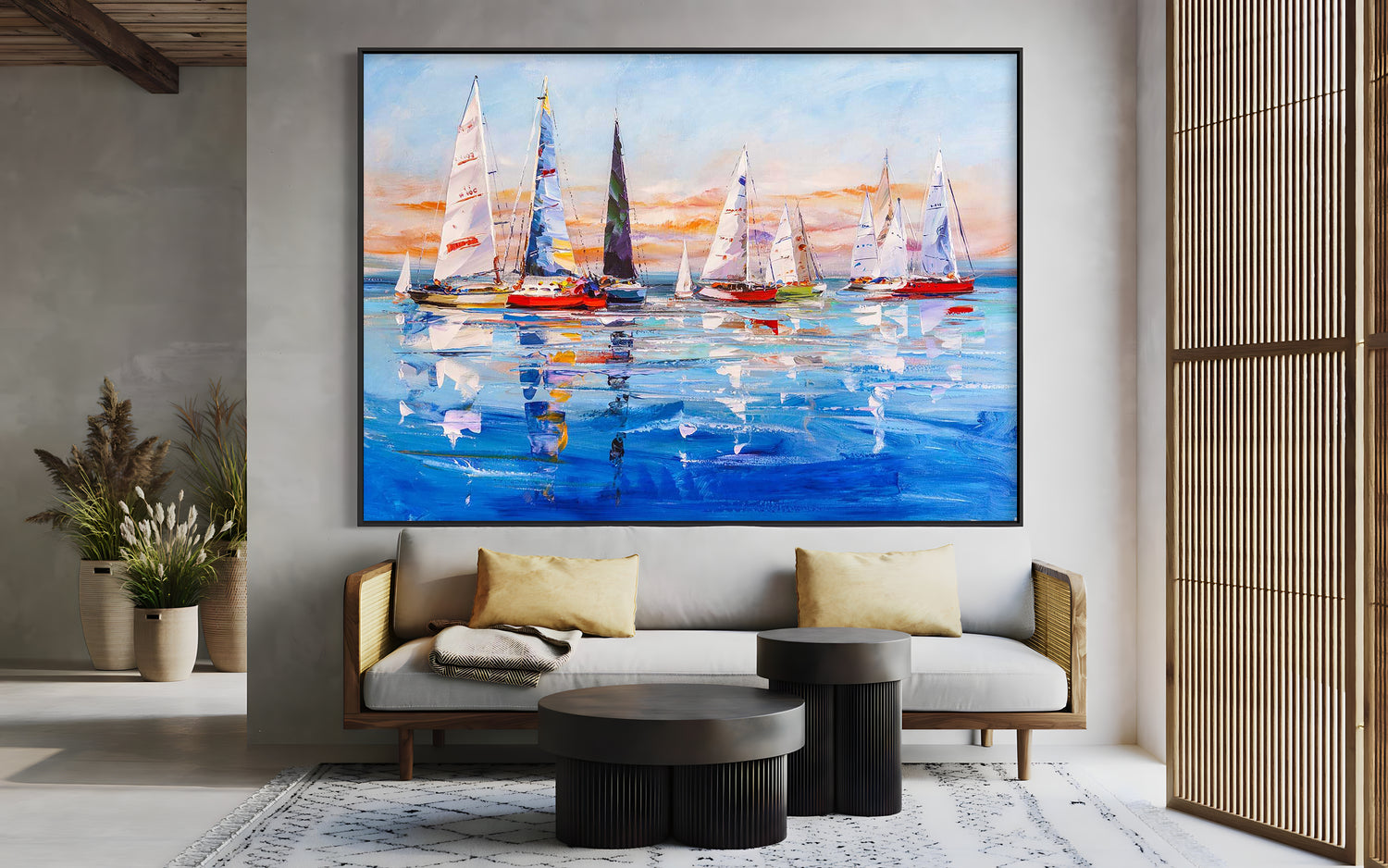 a living room with a painting of sailboats on the water