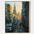 a painting of a city street with a church steeple in the background