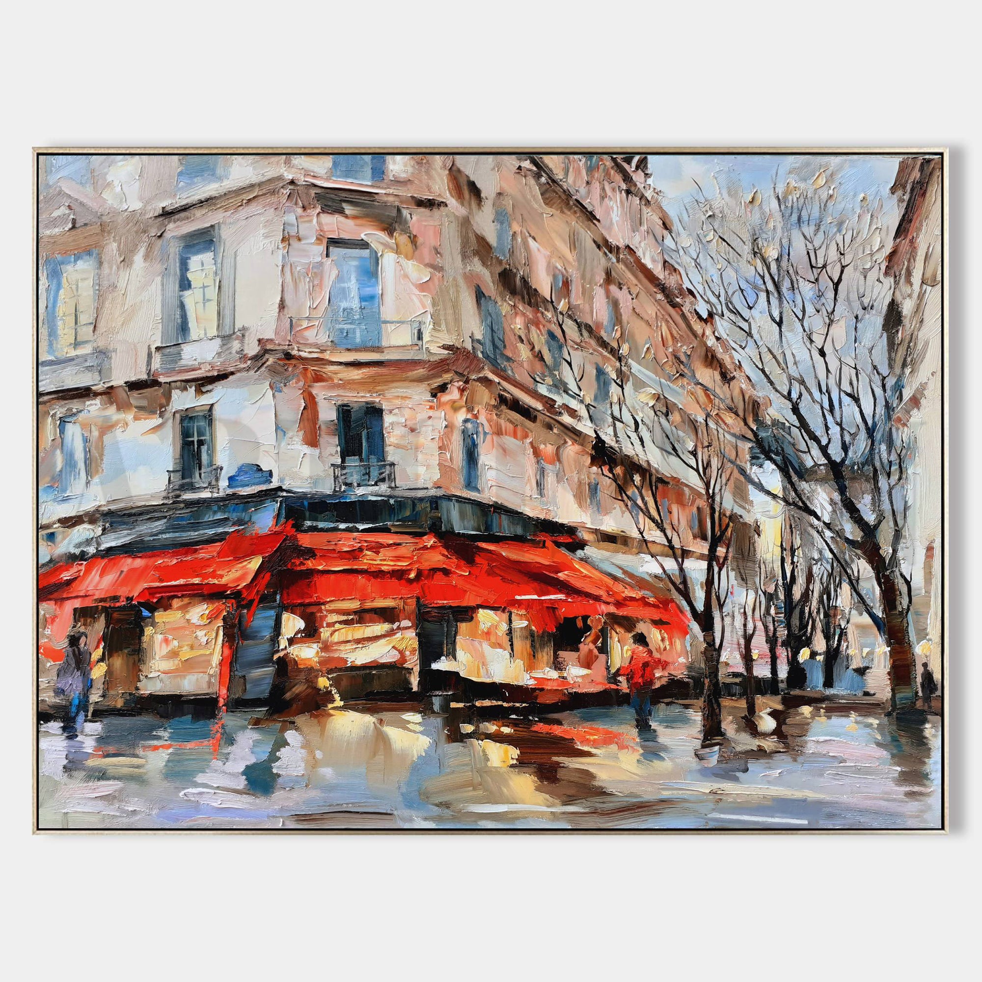 a painting of a building with a red awning