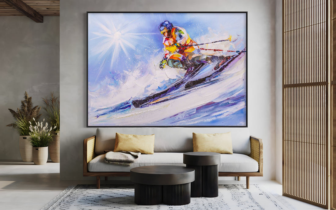 a painting of a skier is hanging in a living room