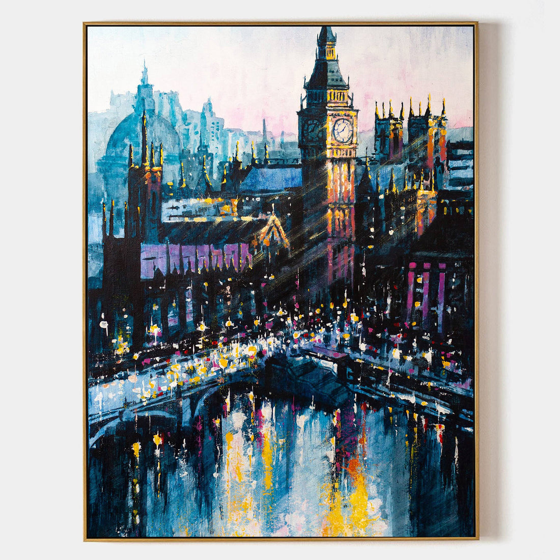 a painting of a city with a clock tower