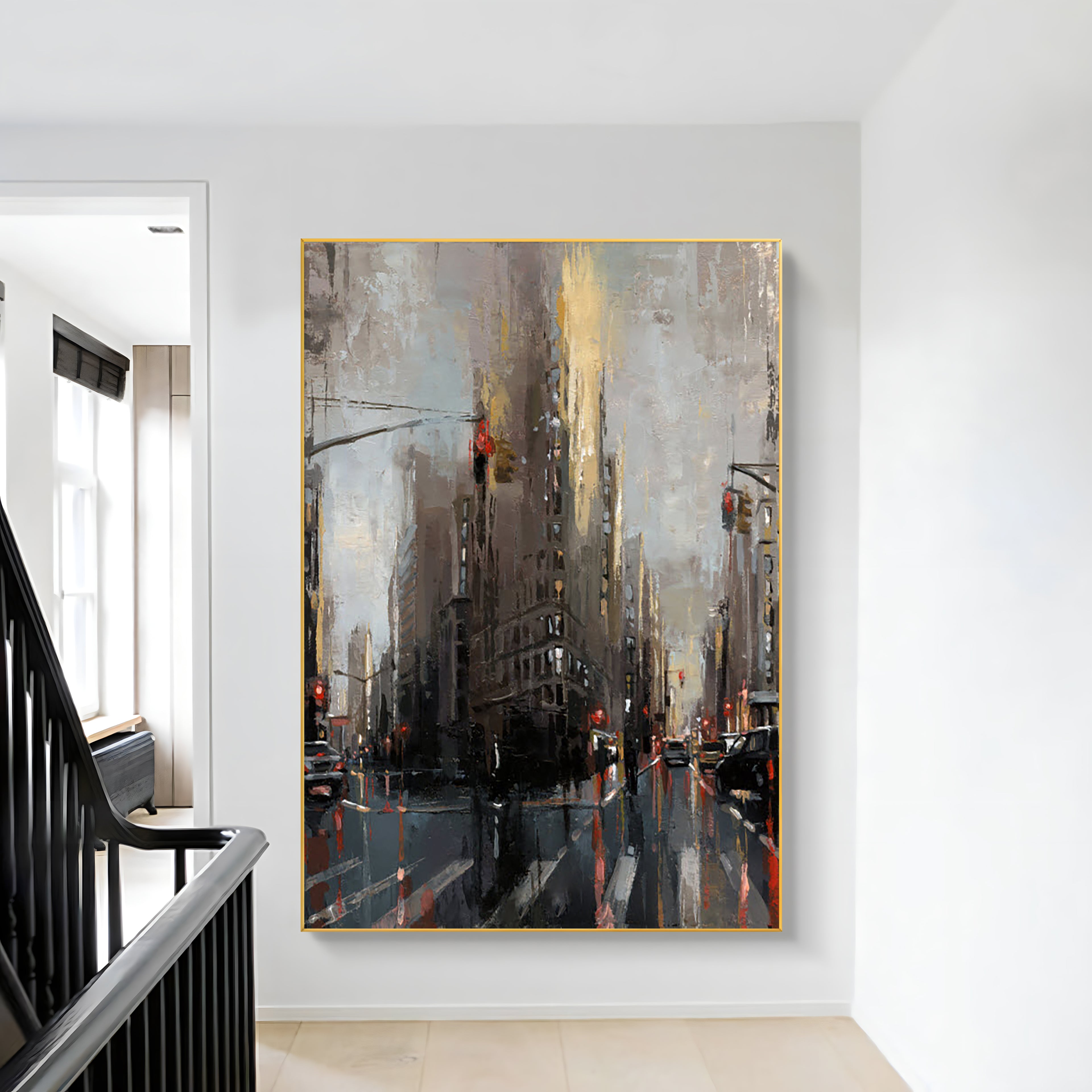 a painting hanging on a wall next to a banister