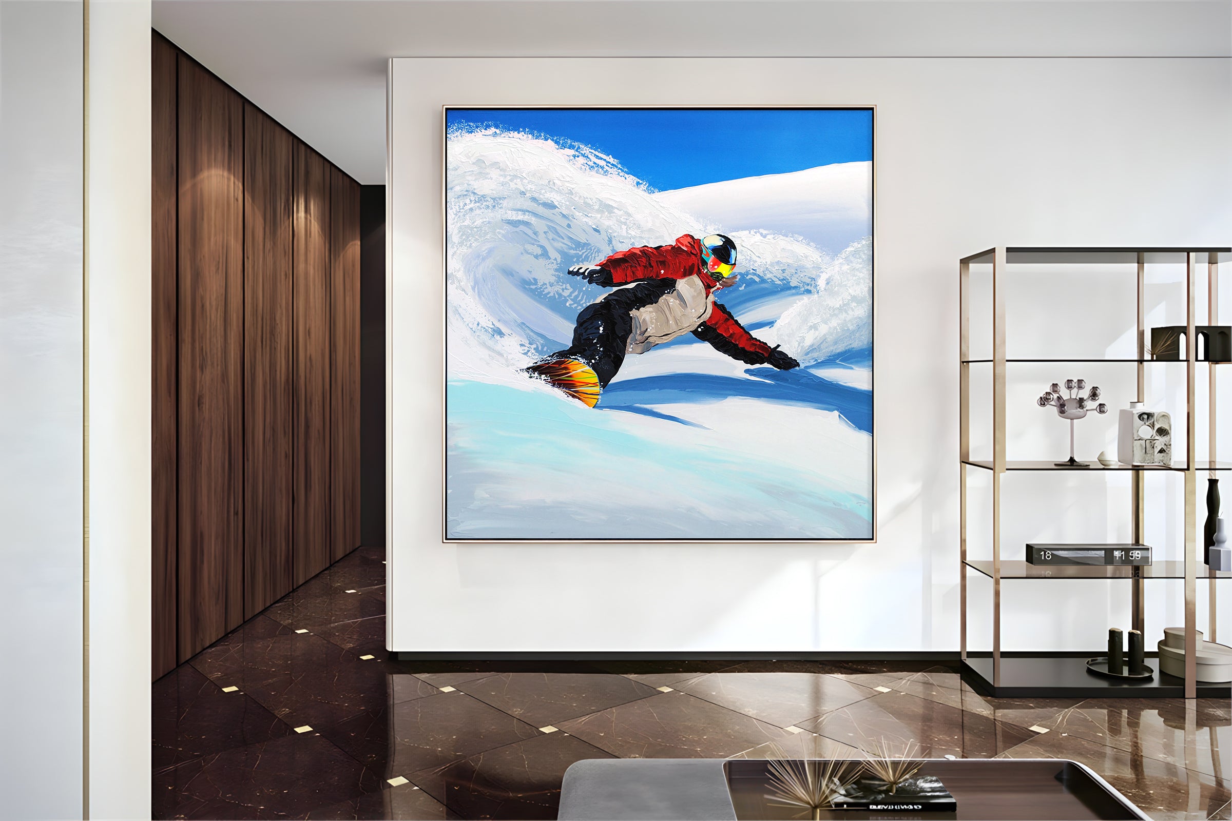 a painting of a snowboarder going down a hill