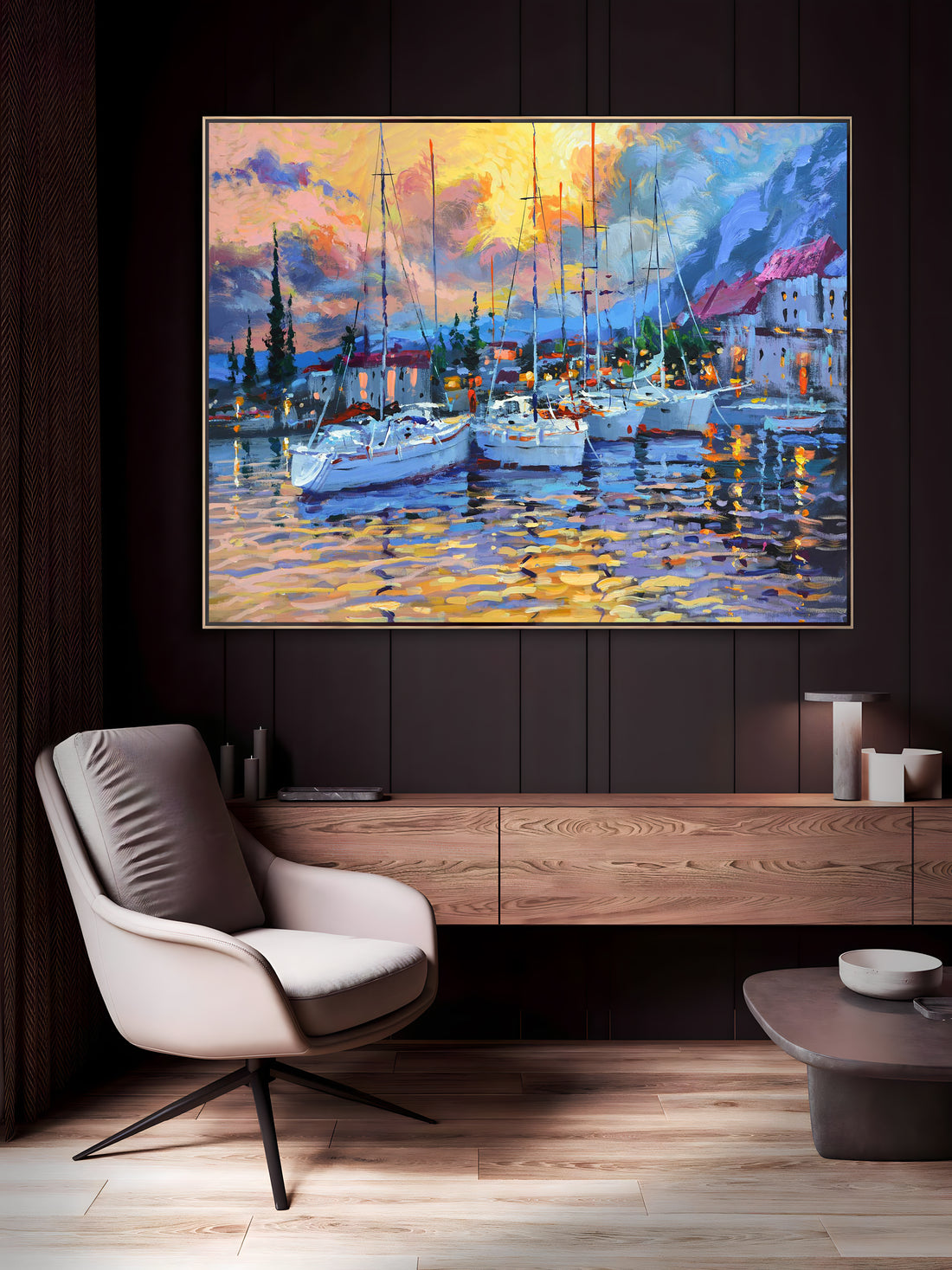 a painting of boats in a harbor at sunset