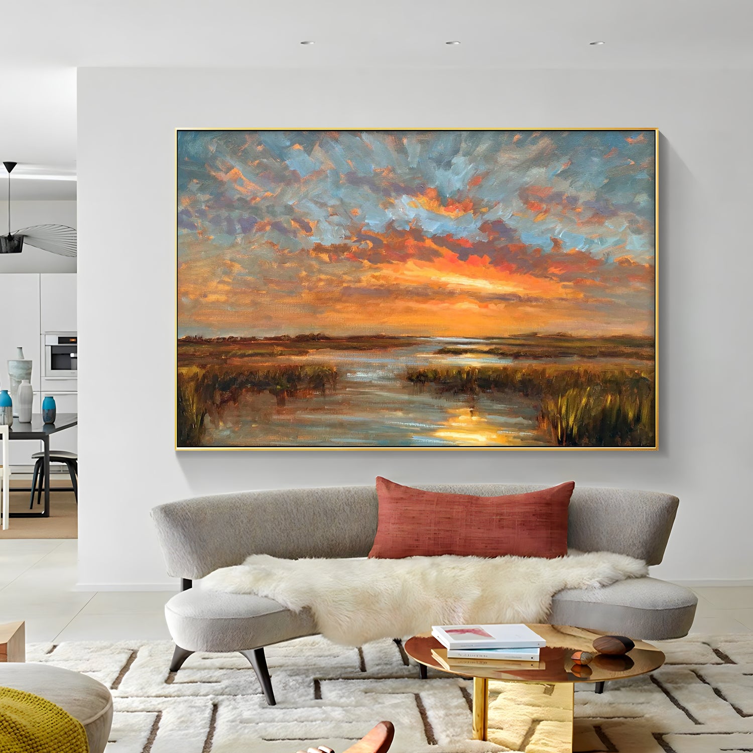 a painting hanging on the wall of a room