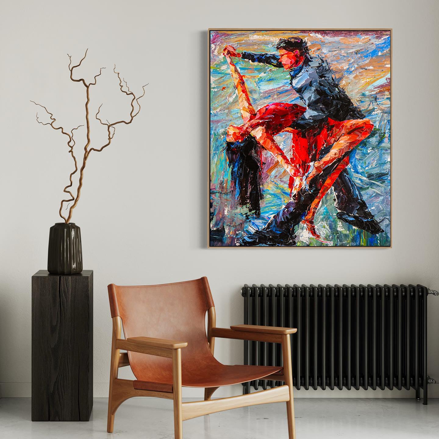 a painting of a man on a surfboard in a living room