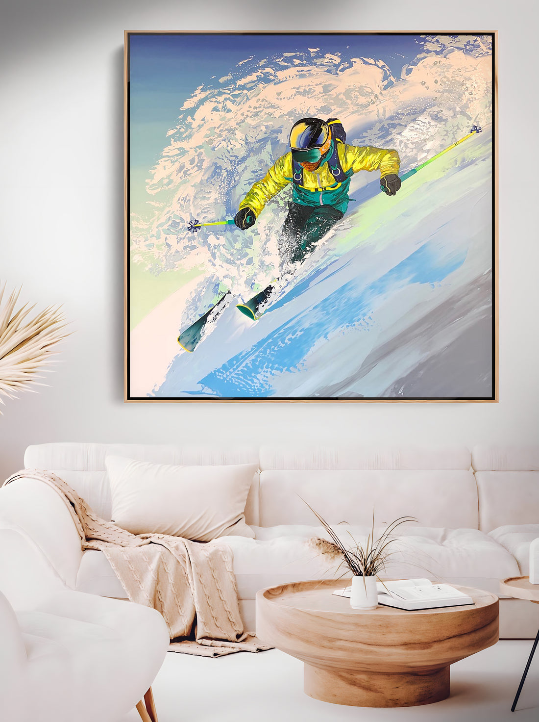 a painting of a snowboarder is hanging in a living room