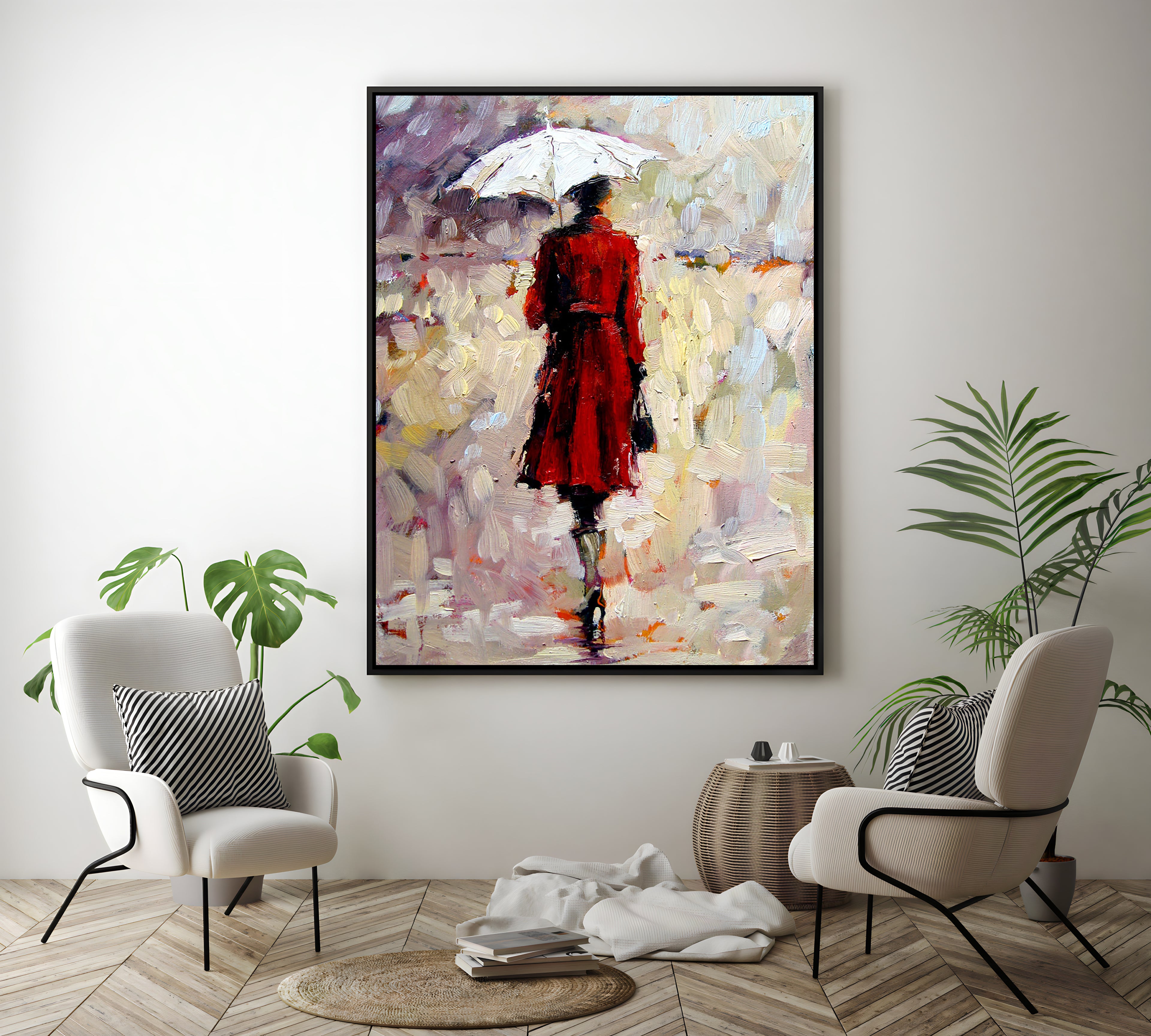 a painting of a woman in a red coat holding an umbrella