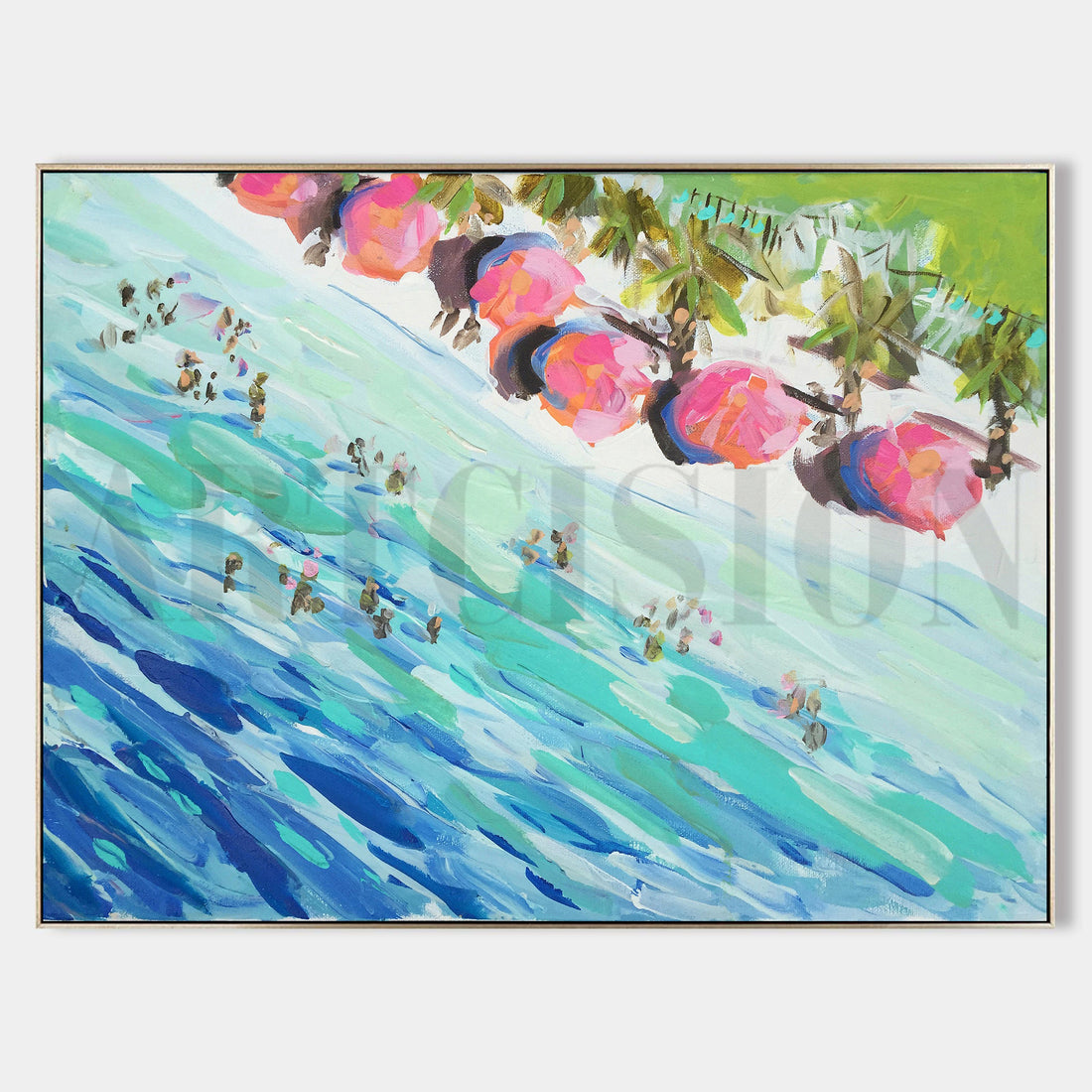 a painting of a beach scene with umbrellas