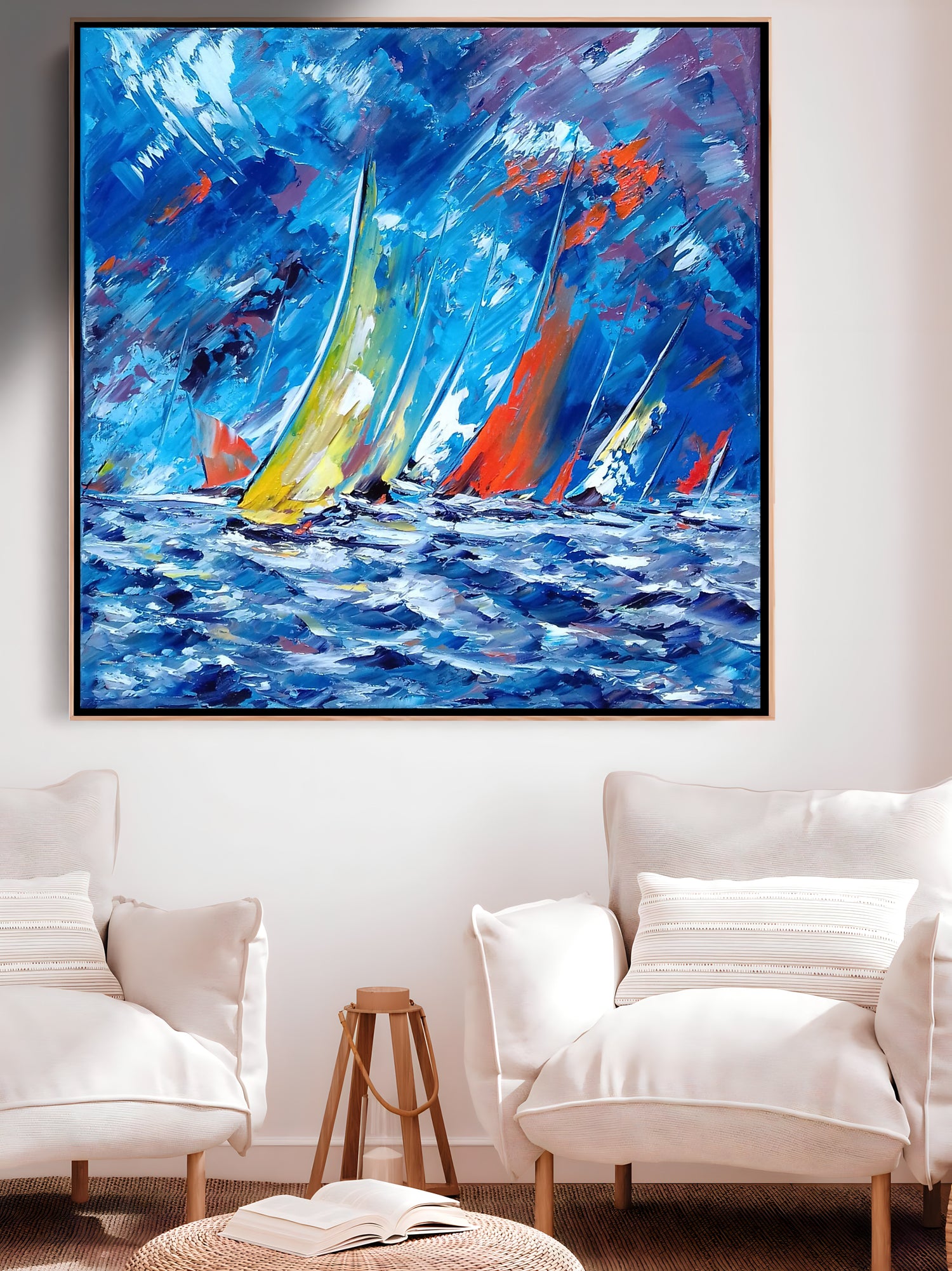 a painting of sailboats sailing in the ocean