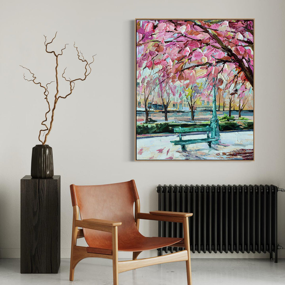 a painting of a park with a bench and a tree