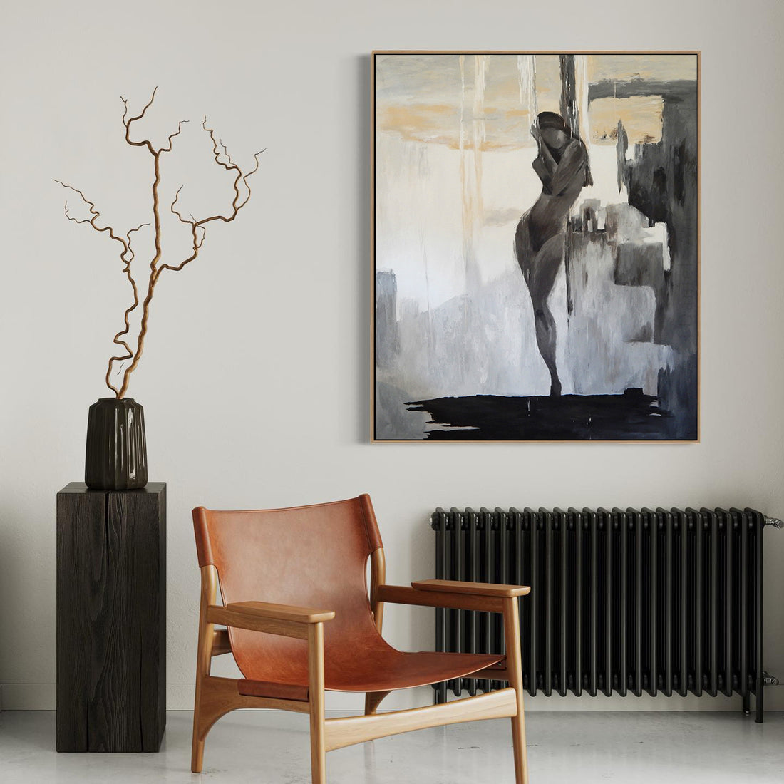 a chair and a vase in a room