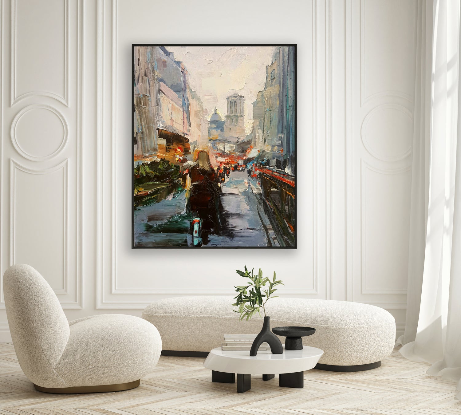 a painting of a woman walking down a city street