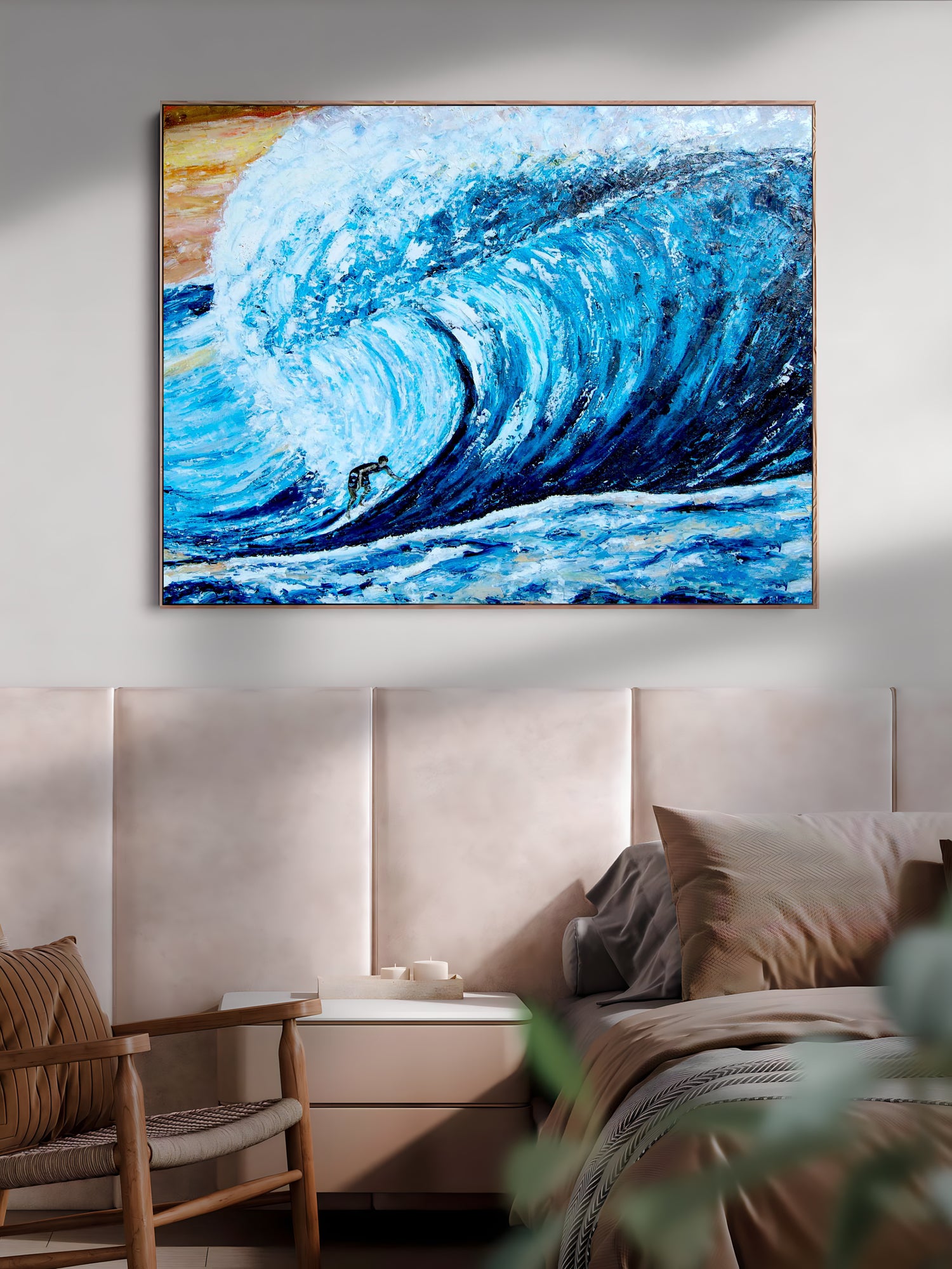 a painting of a blue wave on a wall above a bed