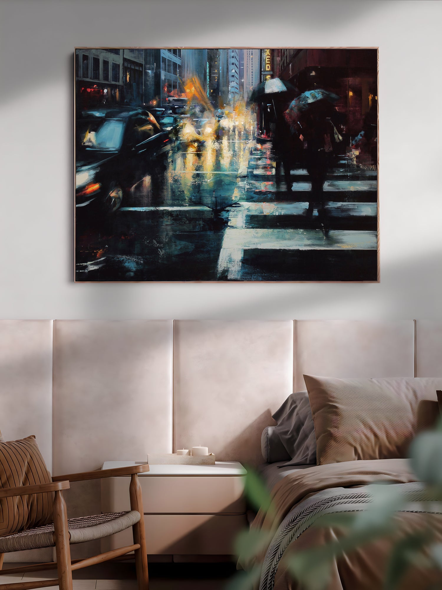 a painting of a city street at night