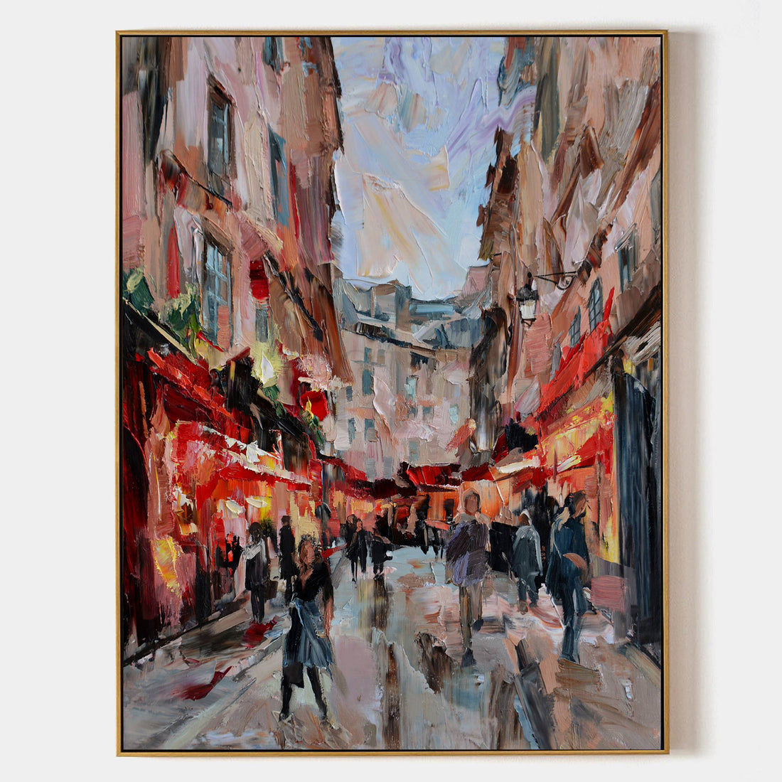 a painting of people walking down a city street