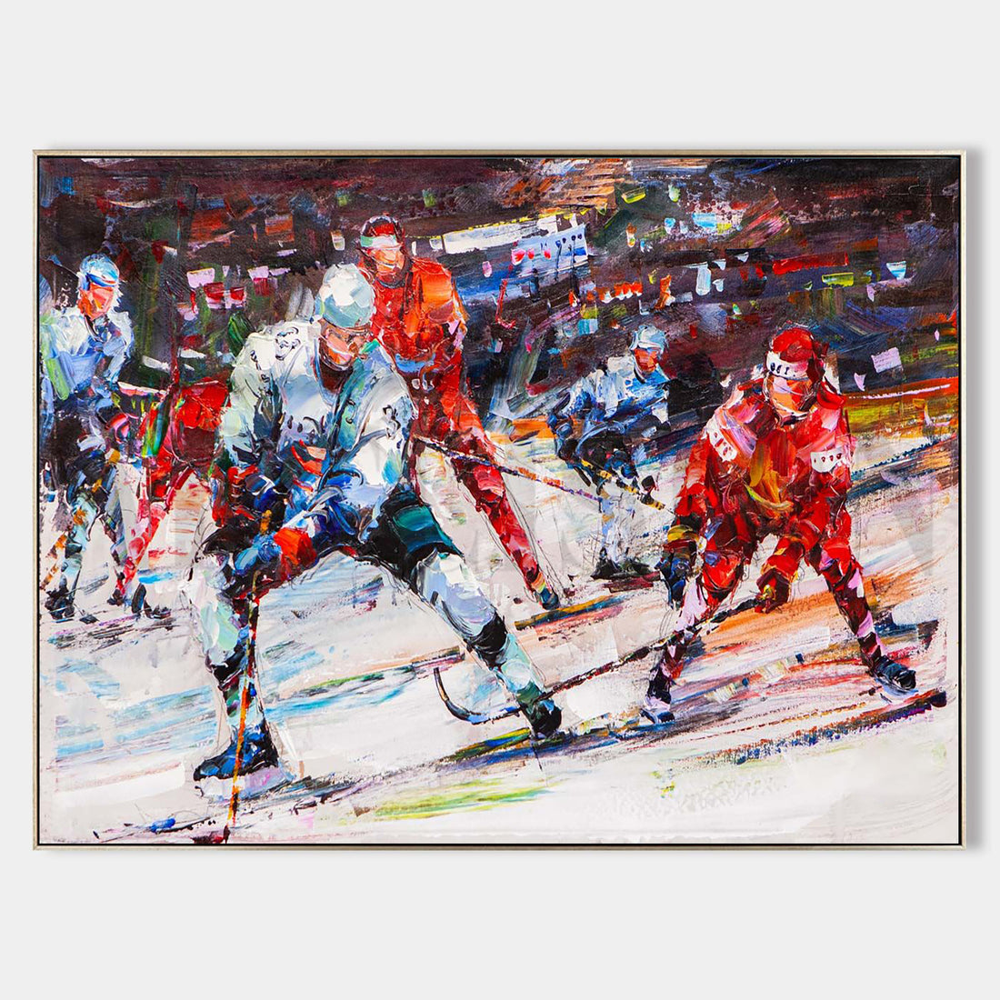 a painting of a group of people playing a game of ice hockey