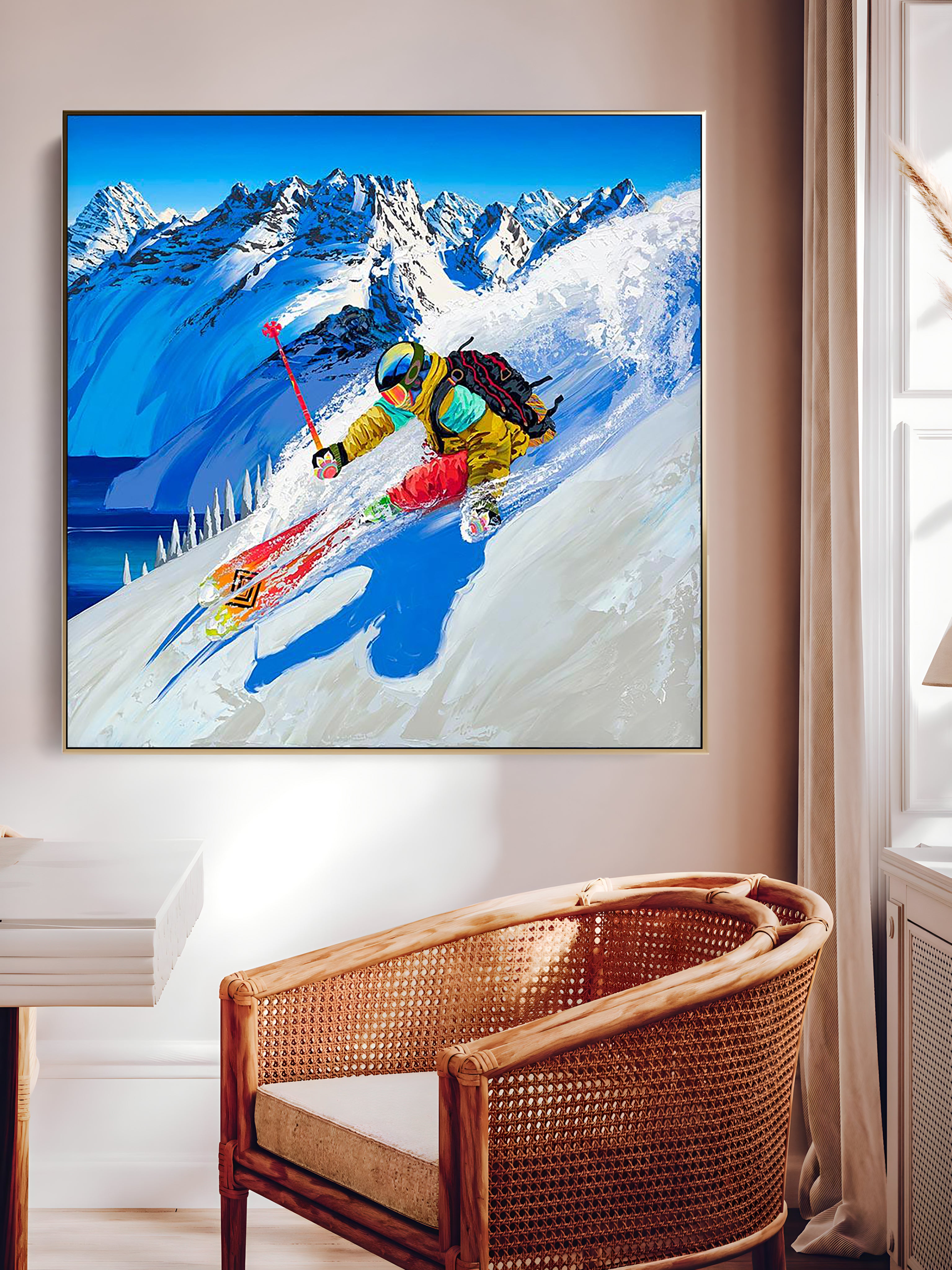 a painting of a skier skiing down a mountain