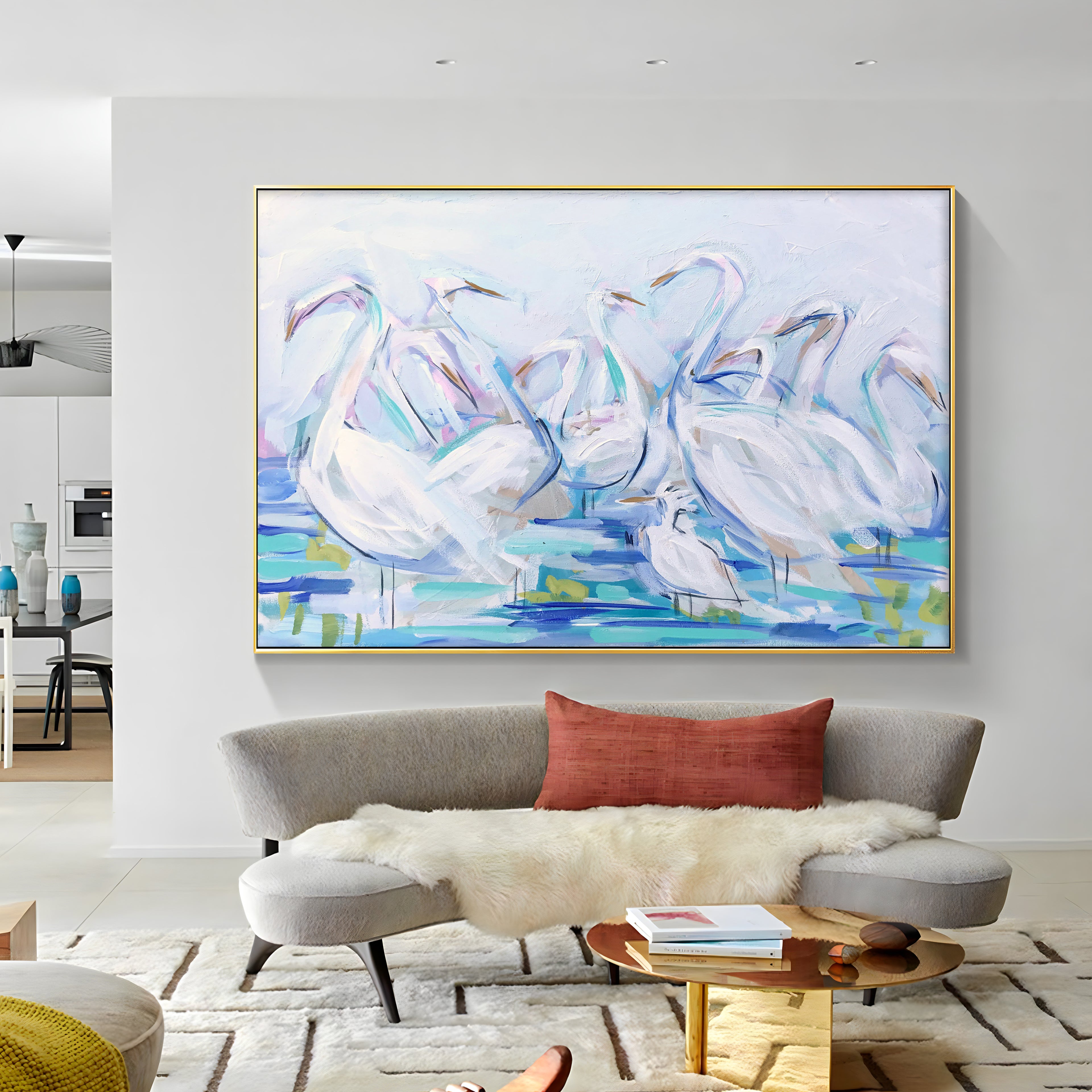 a painting hanging on the wall of a living room