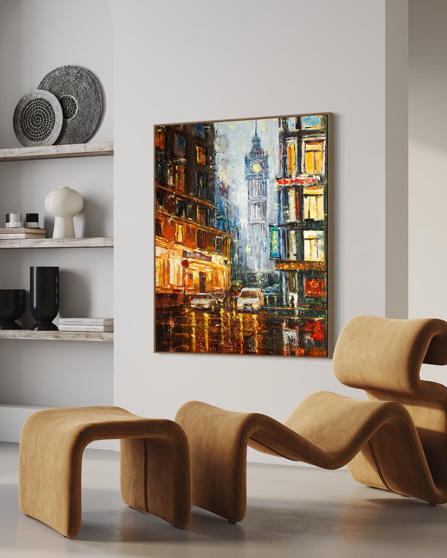 a painting of a cityscape with a clock tower in the background