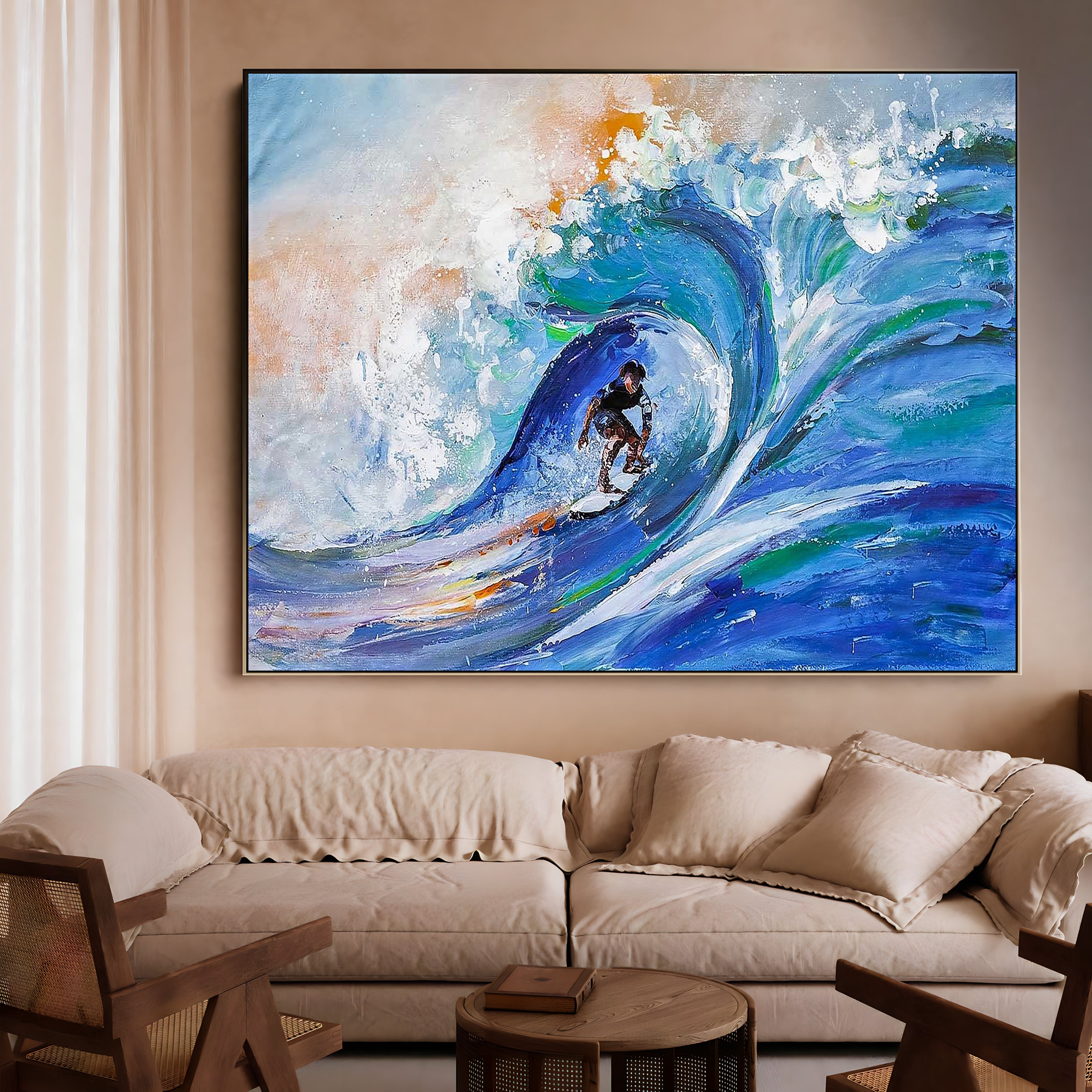 a painting of a man surfing on a wave