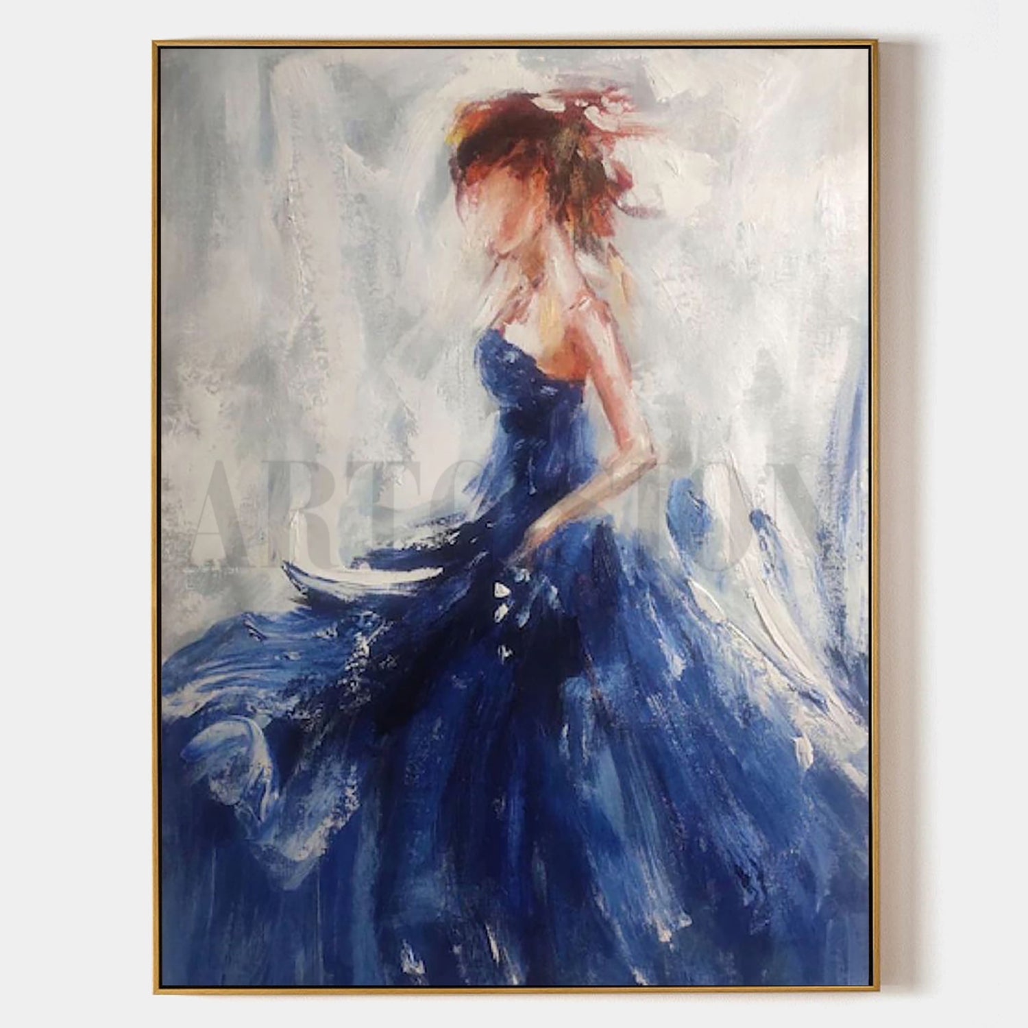 a painting of a woman in a blue dress