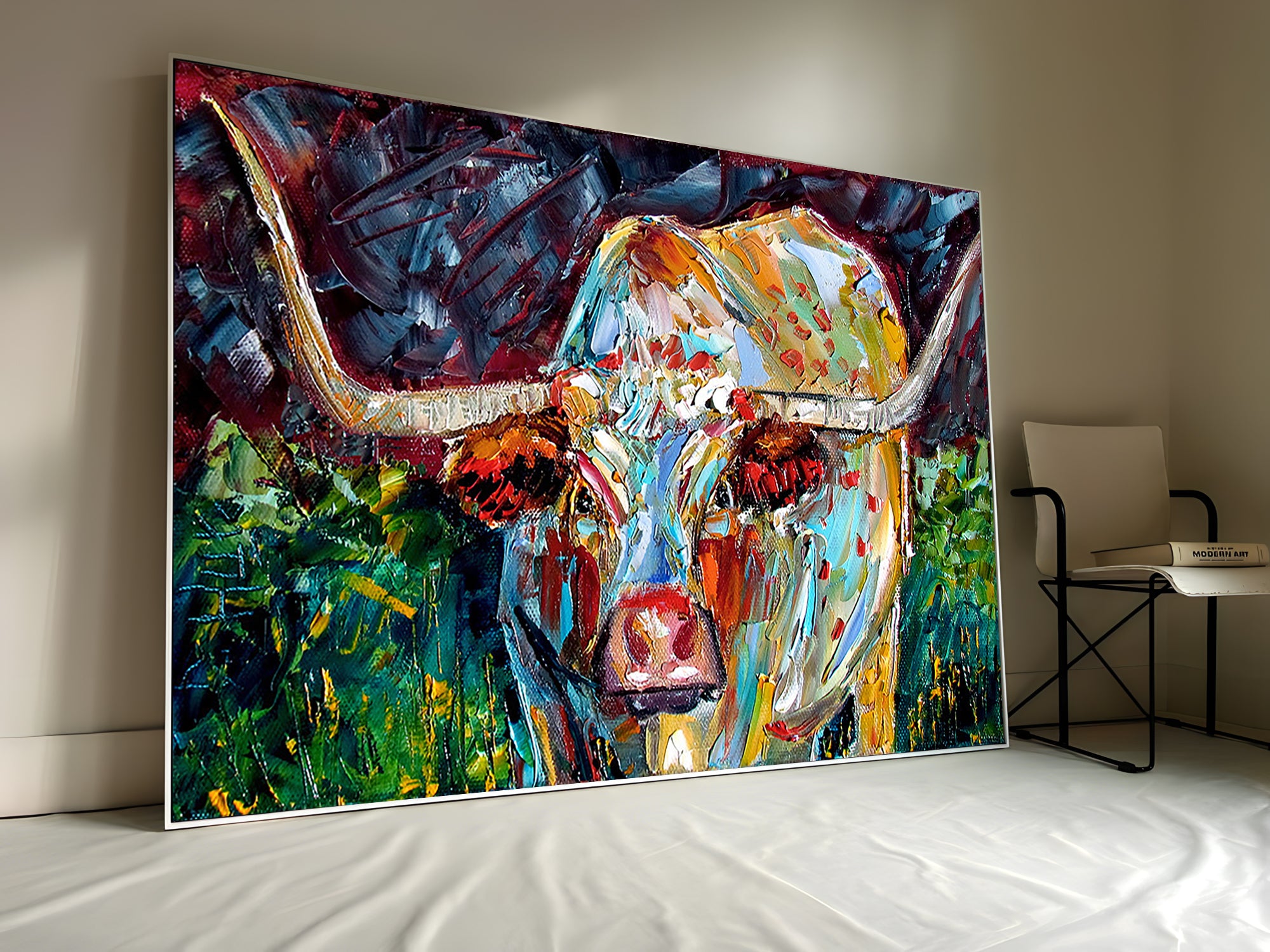 a painting of a cow on a wall