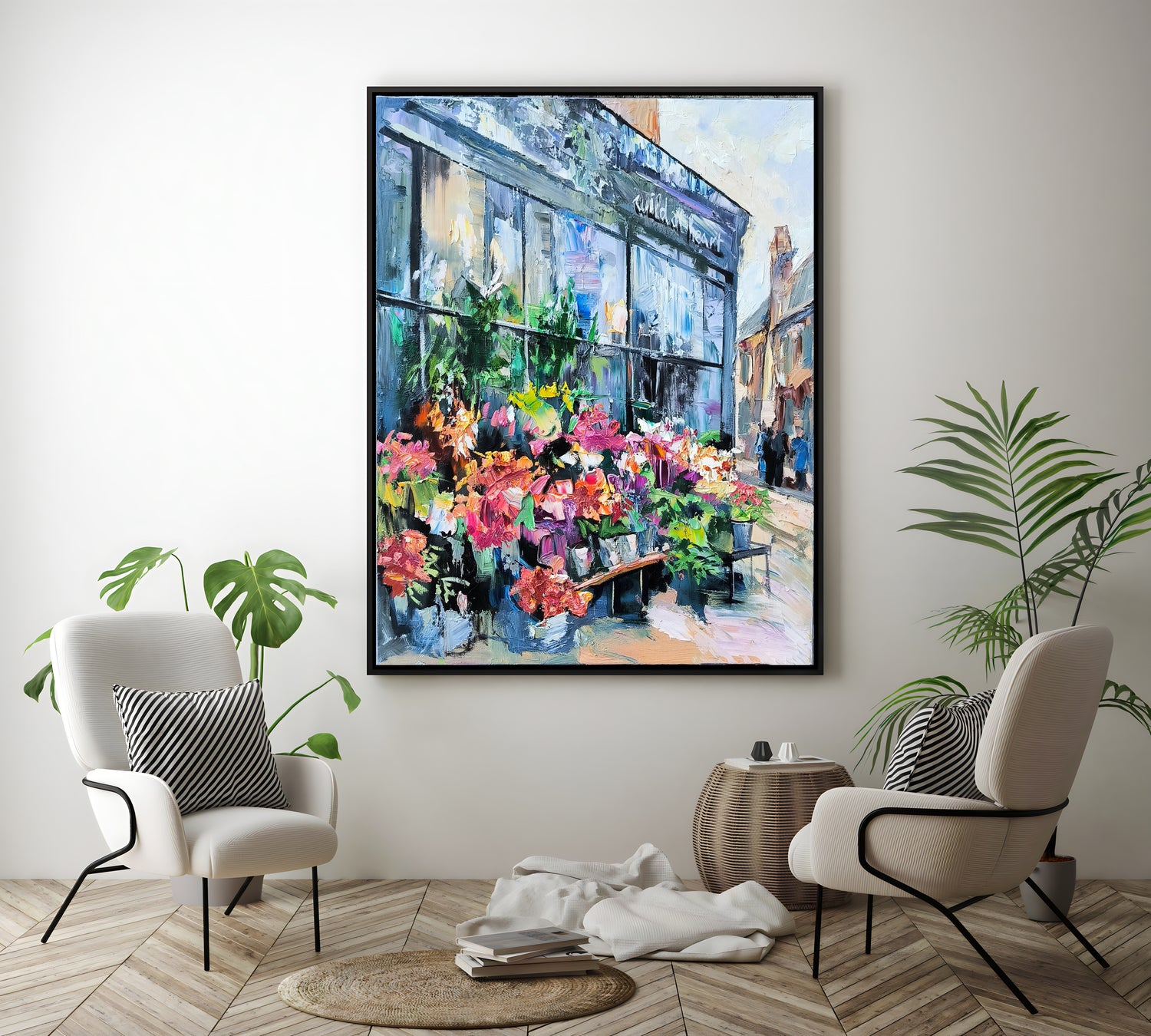 a painting of a flower shop with chairs and potted plants