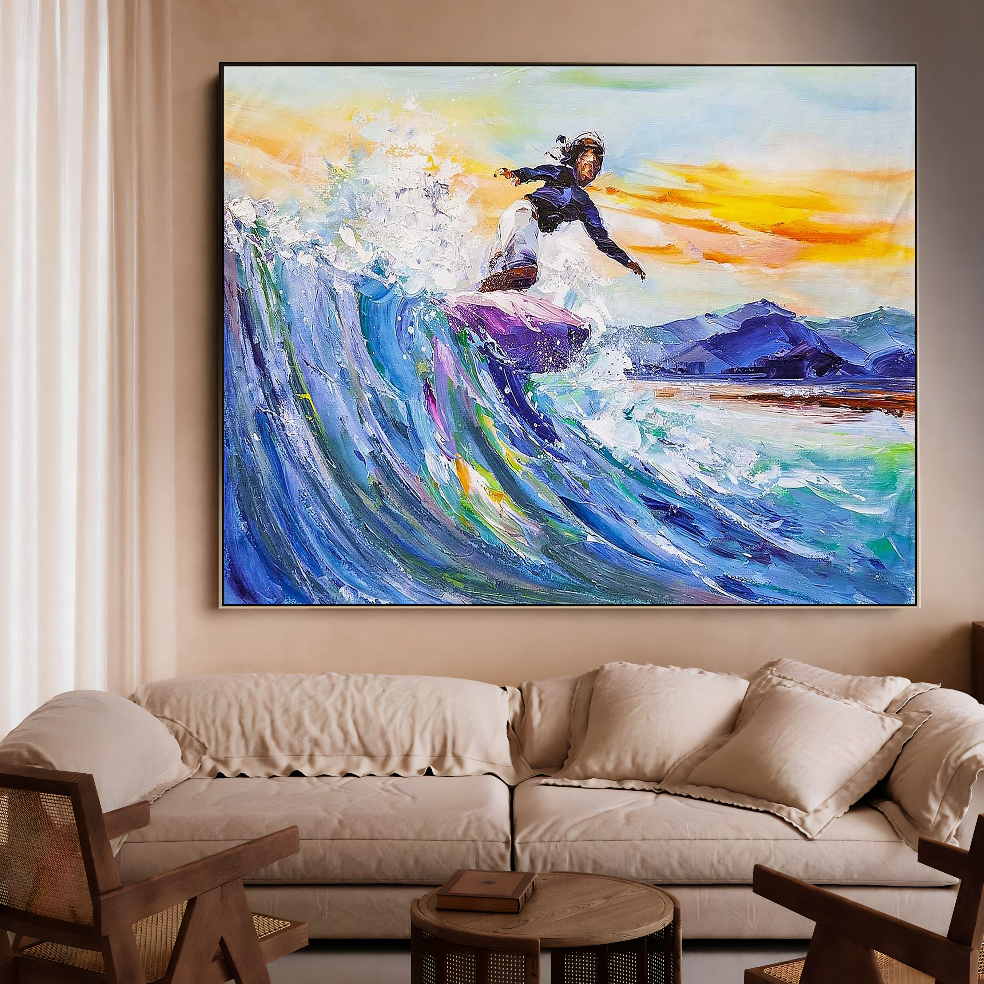 a painting of a surfer riding a wave