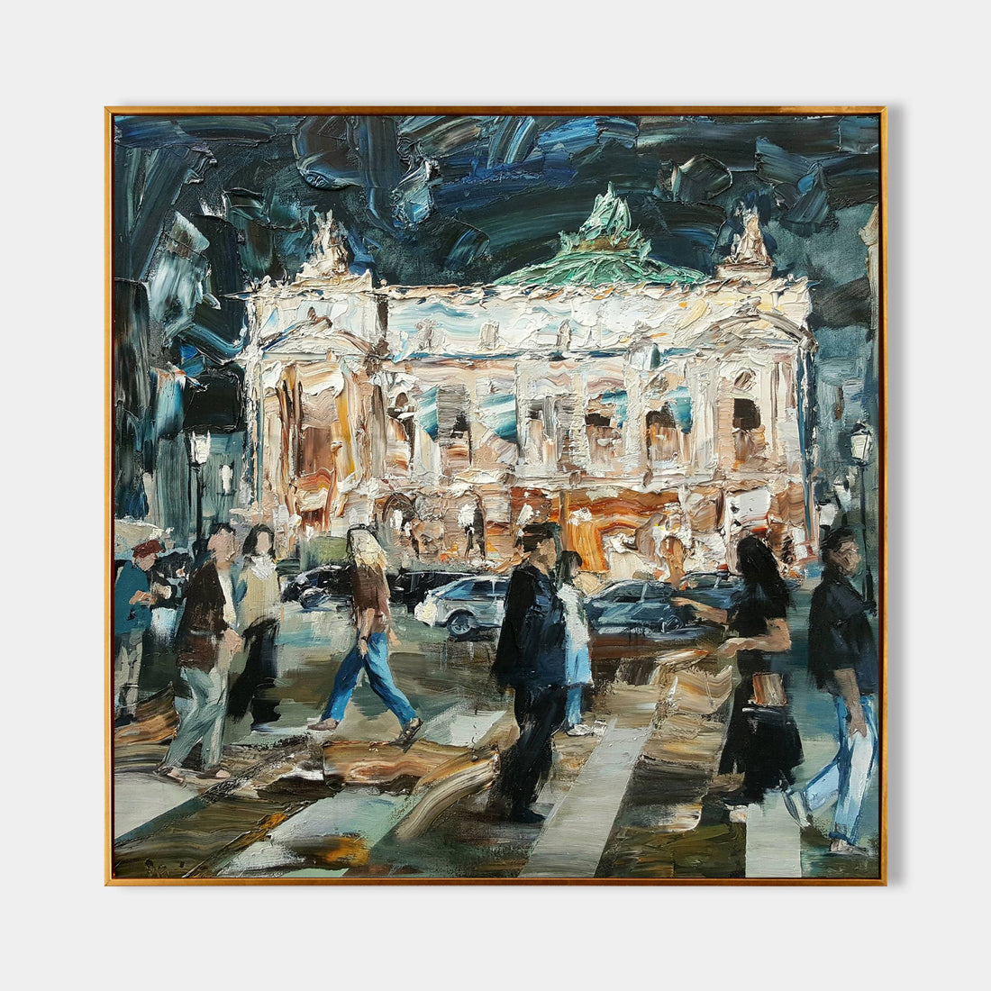 a painting of people crossing the street in front of a building