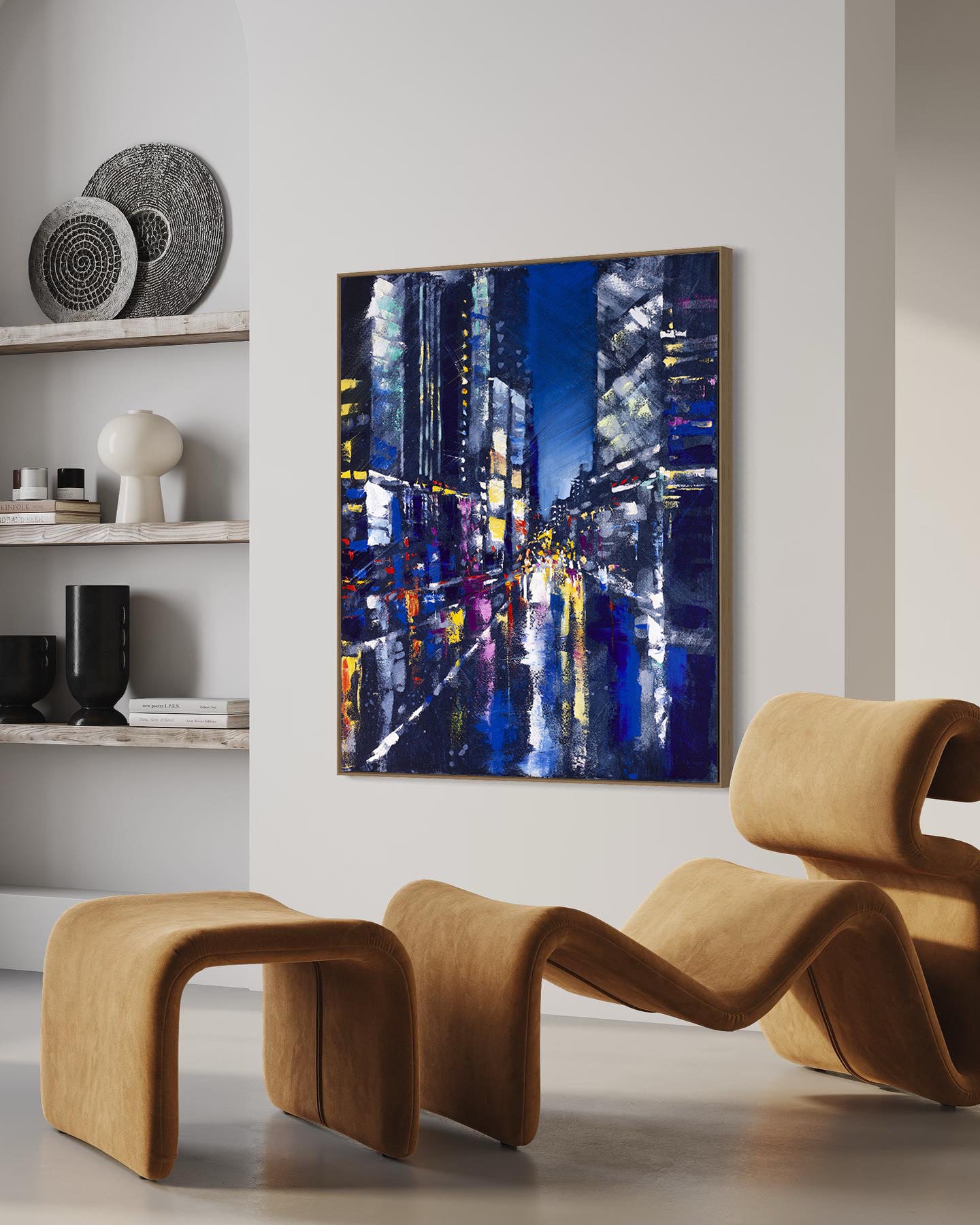 a painting of a city street at night