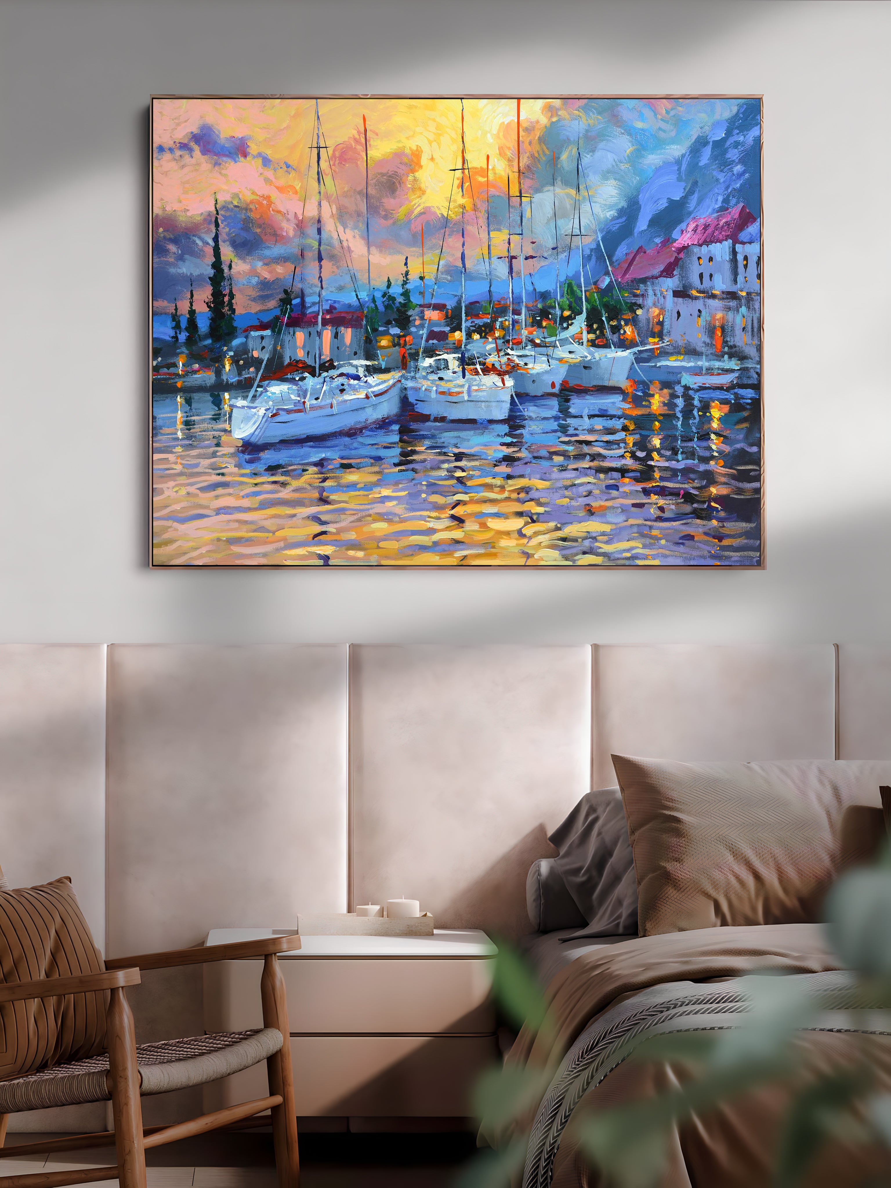 a painting of boats in a harbor at sunset