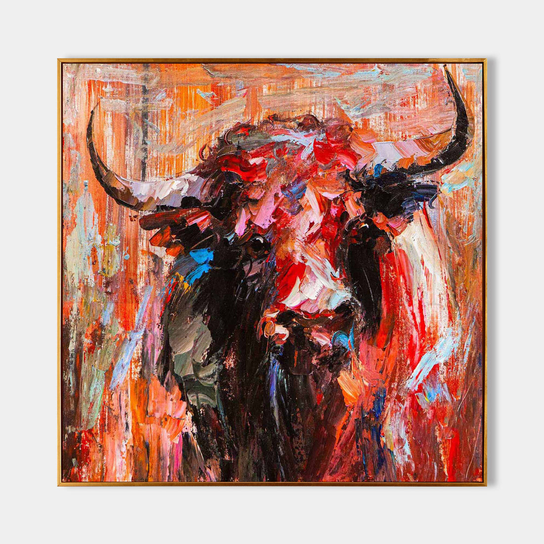 a painting of a bull with large horns