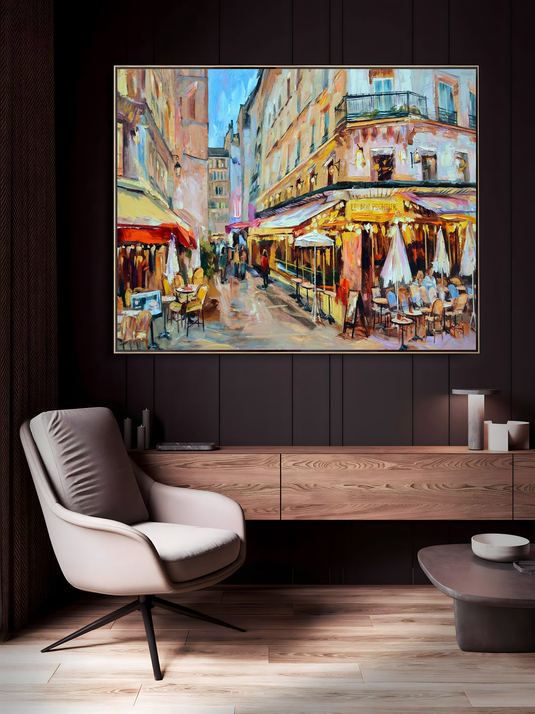 a painting of a city street with a cafe