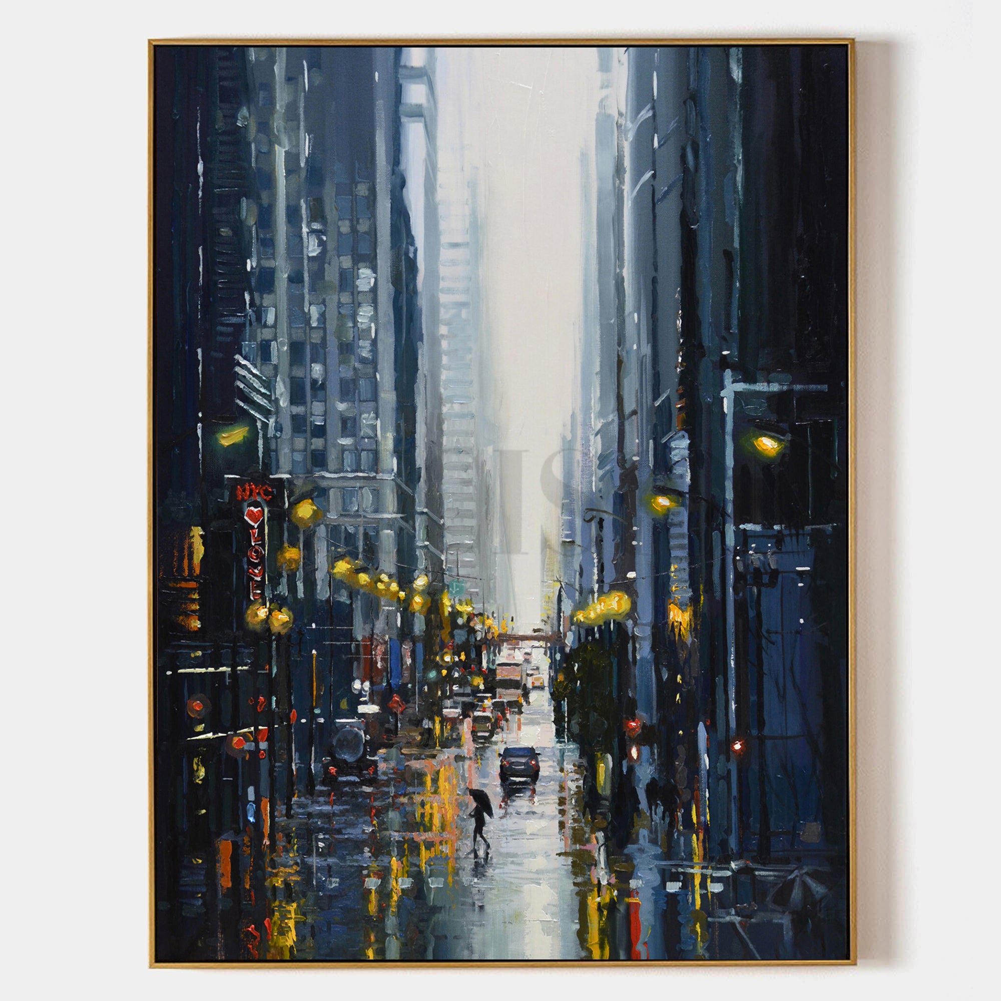 a painting of a city street at night