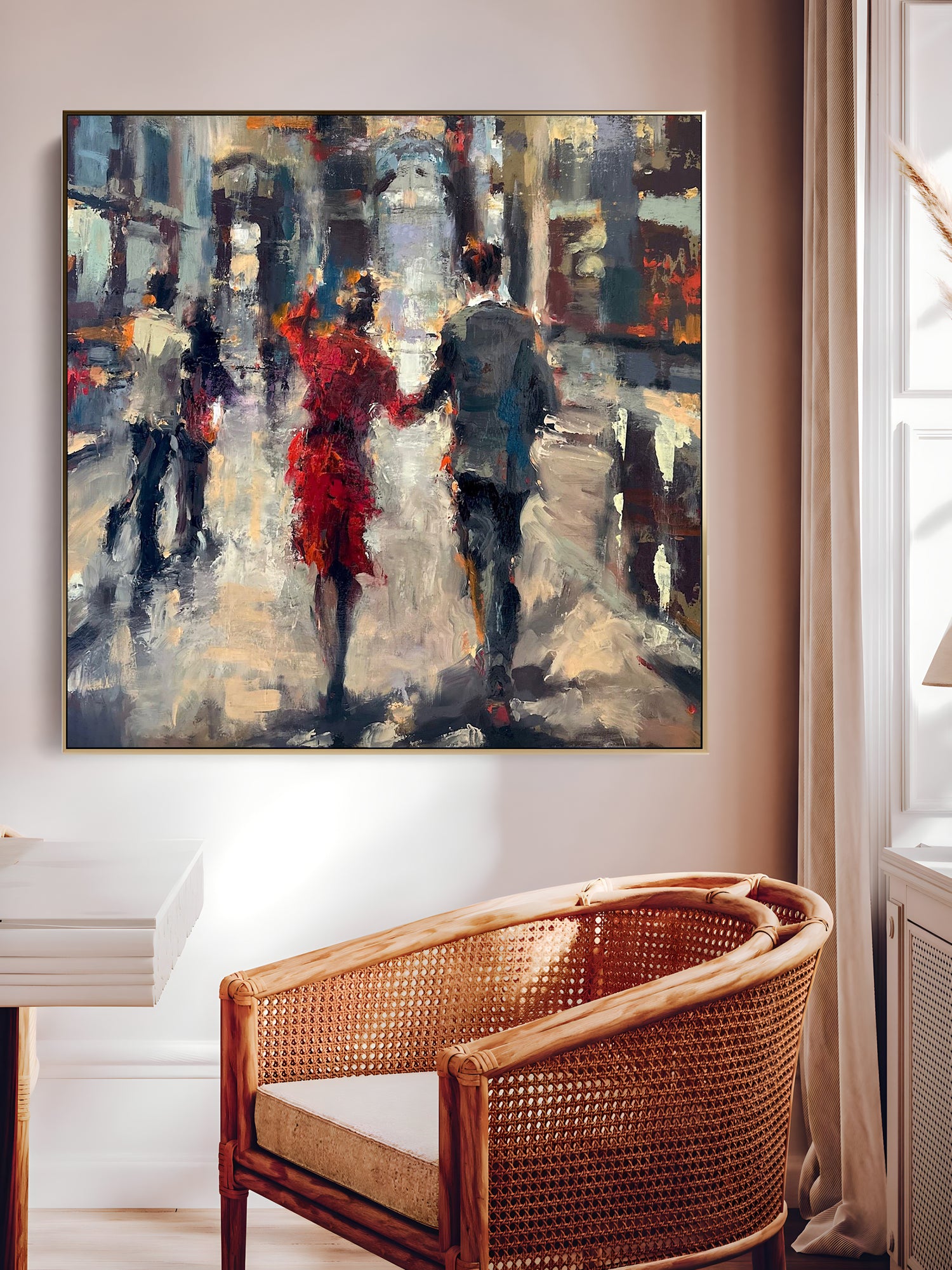 a painting of people walking down a city street