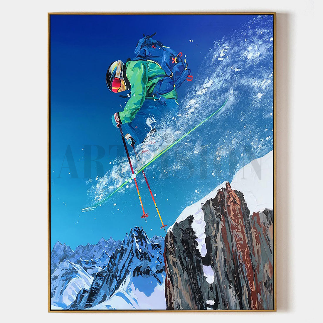 a painting of a skier jumping off a mountain