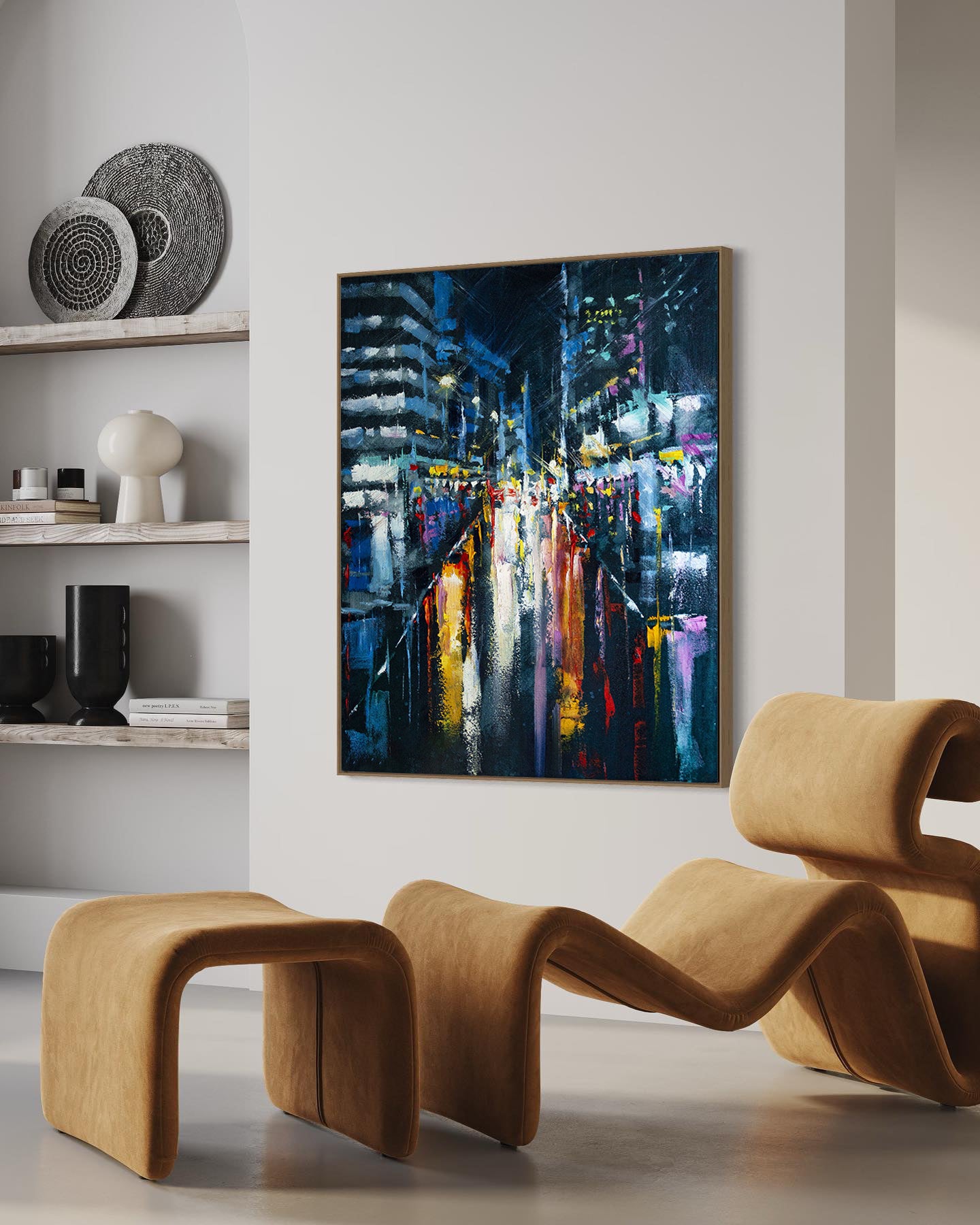 a painting of a city street at night