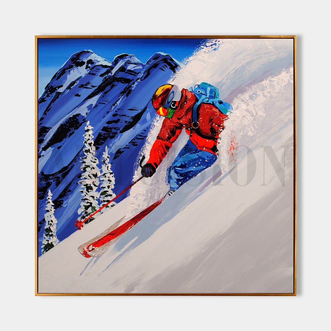 a painting of a person skiing down a mountain