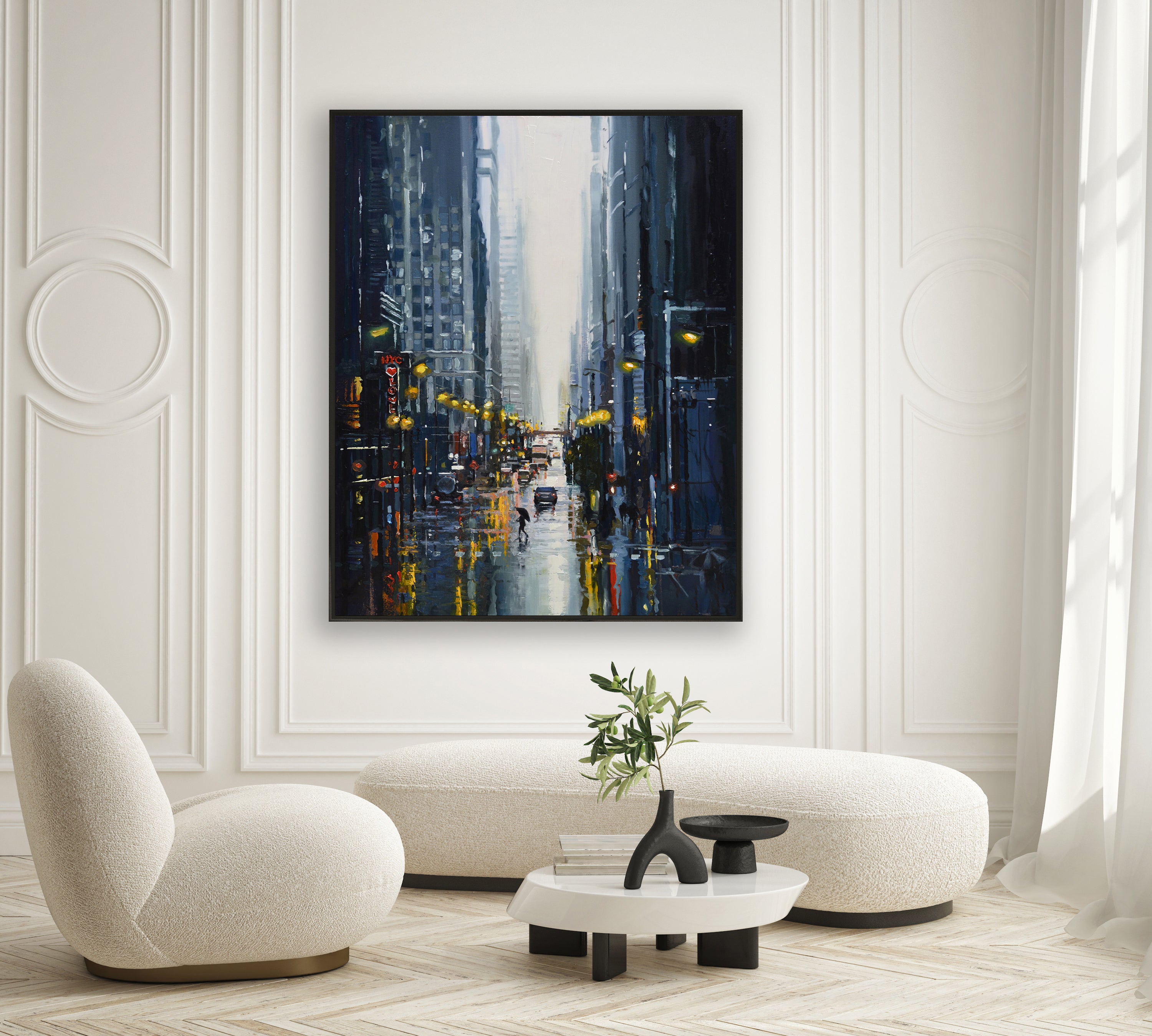 a painting of a city street in the middle of a room