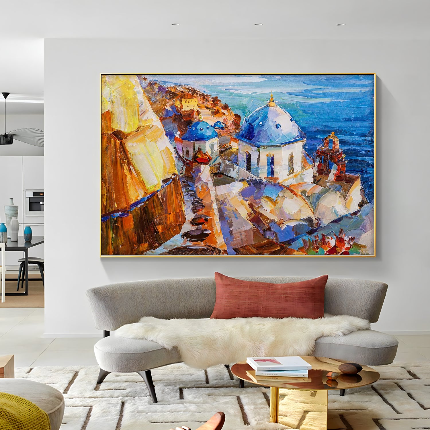 a living room filled with furniture and a painting on the wall