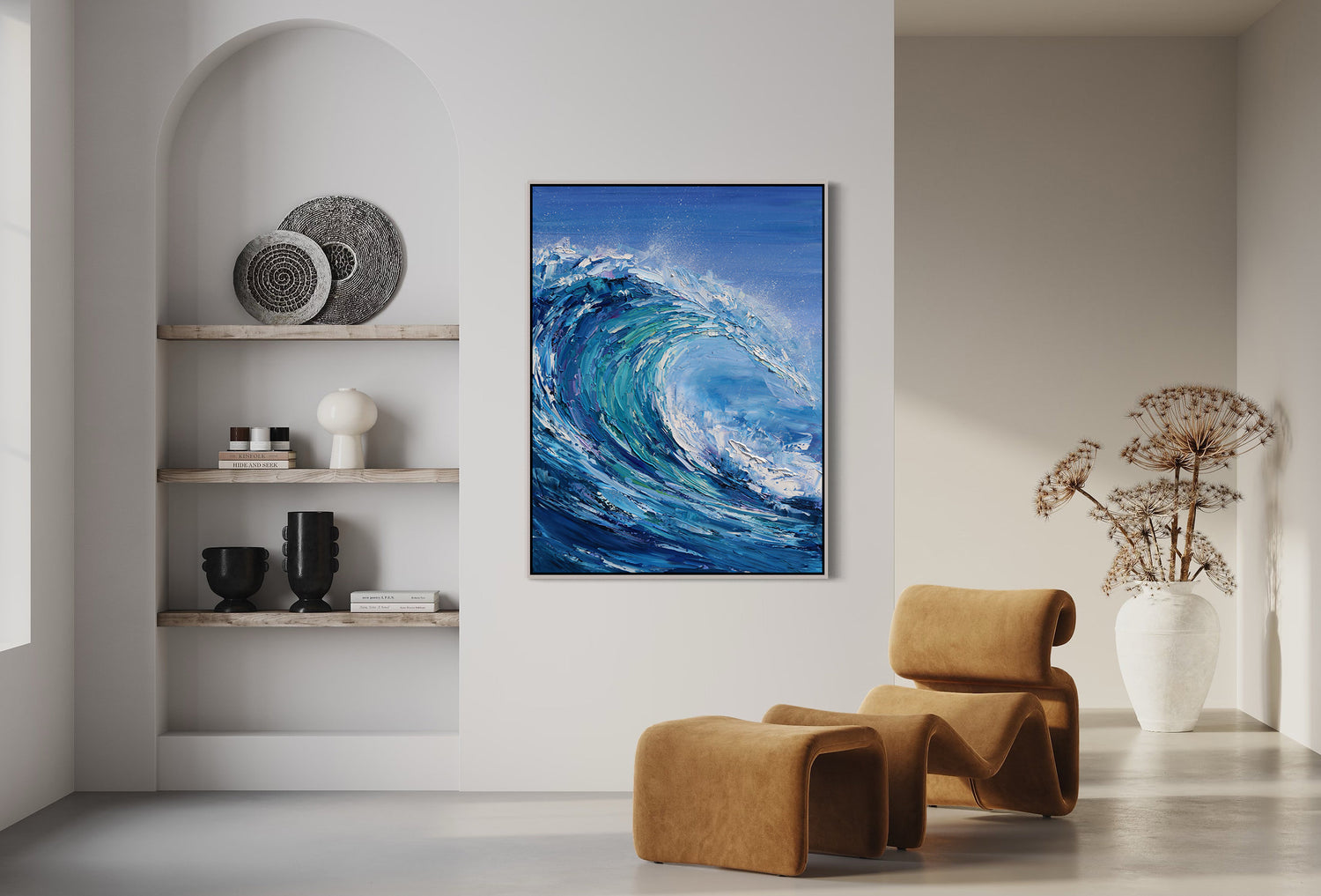 a painting of a blue wave in a living room