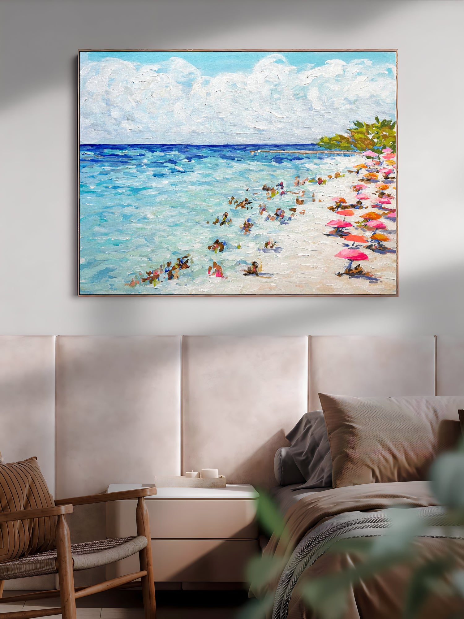 a painting of a beach with people in the water