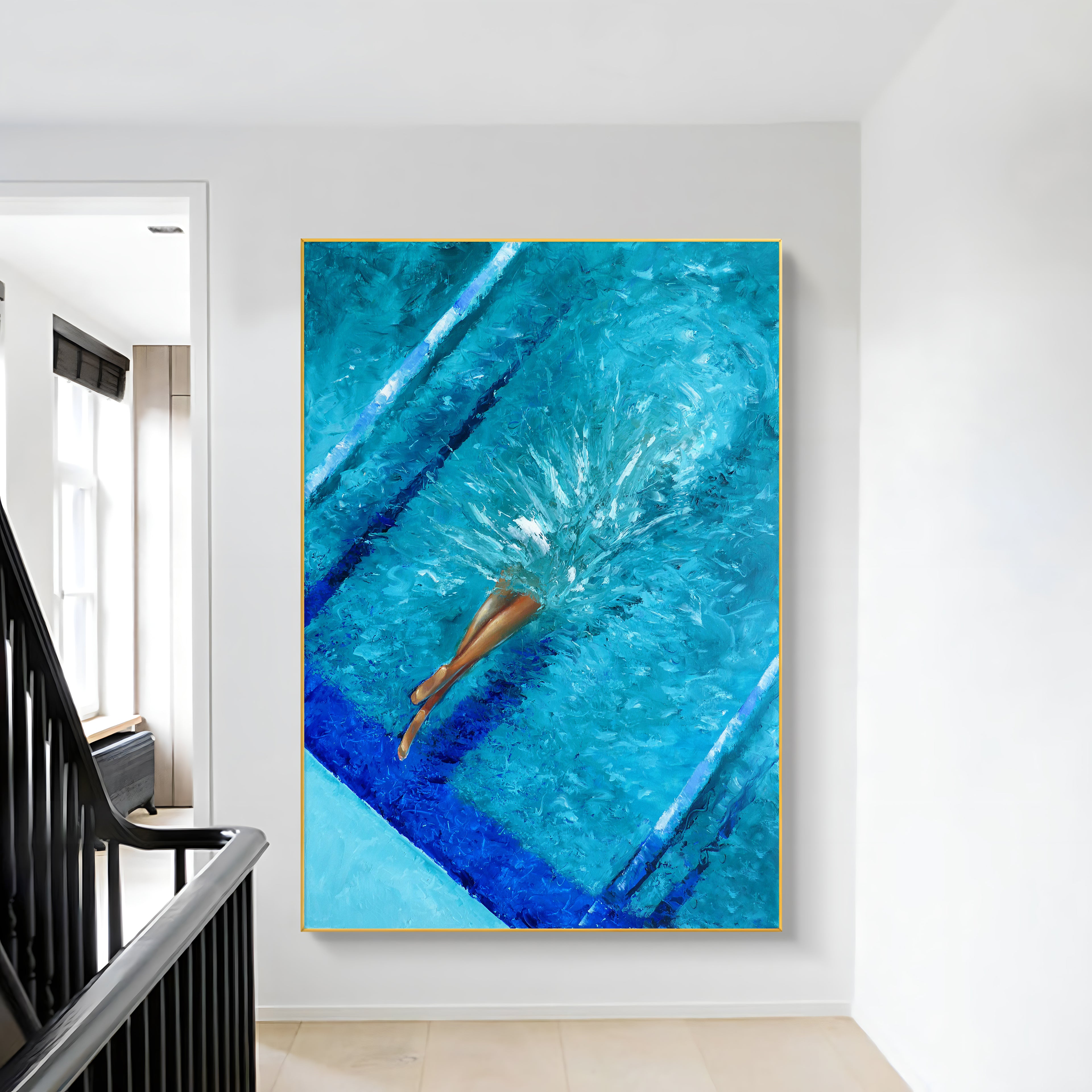 a painting of a woman swimming in a pool