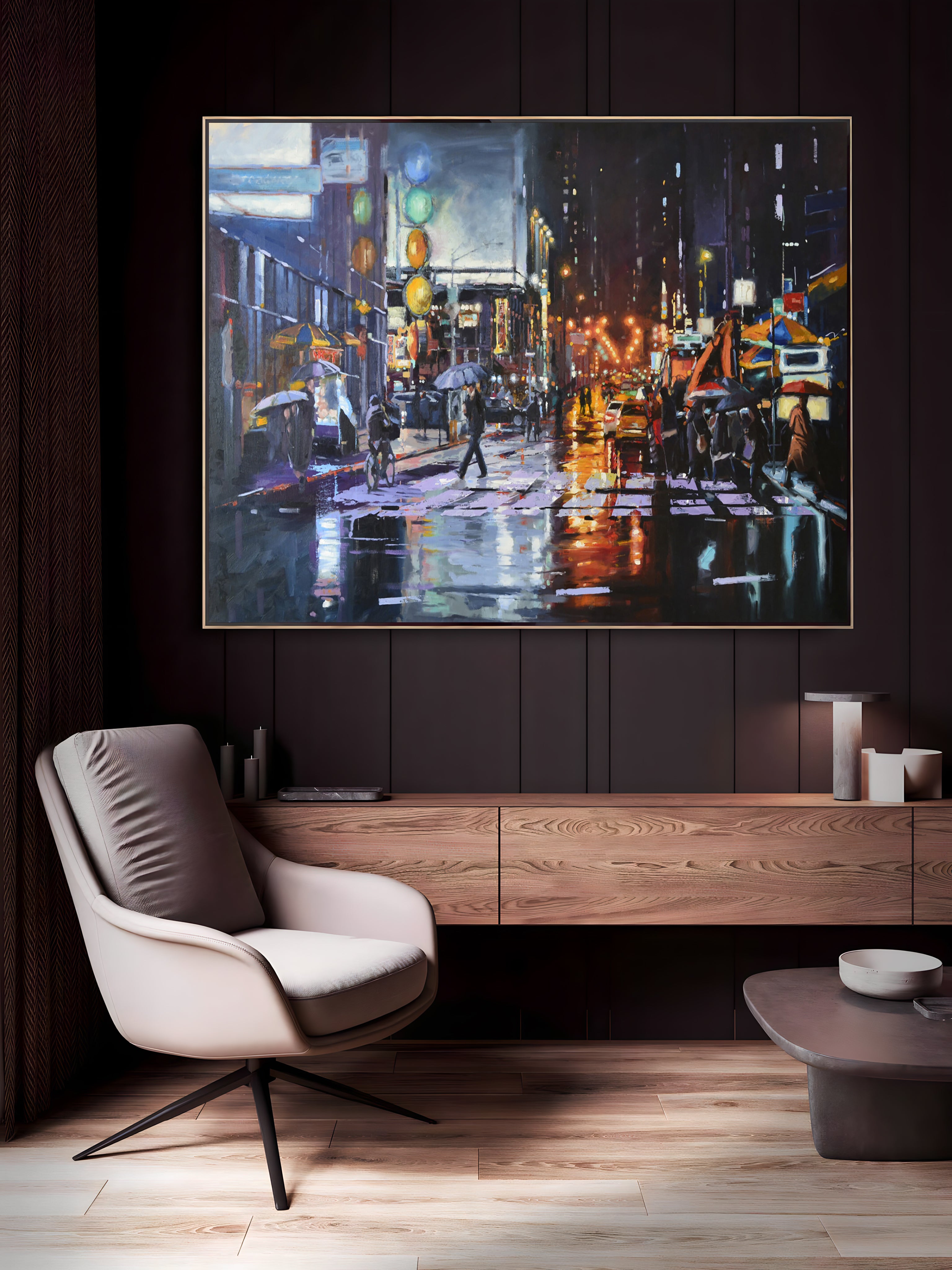 a living room with a large painting on the wall