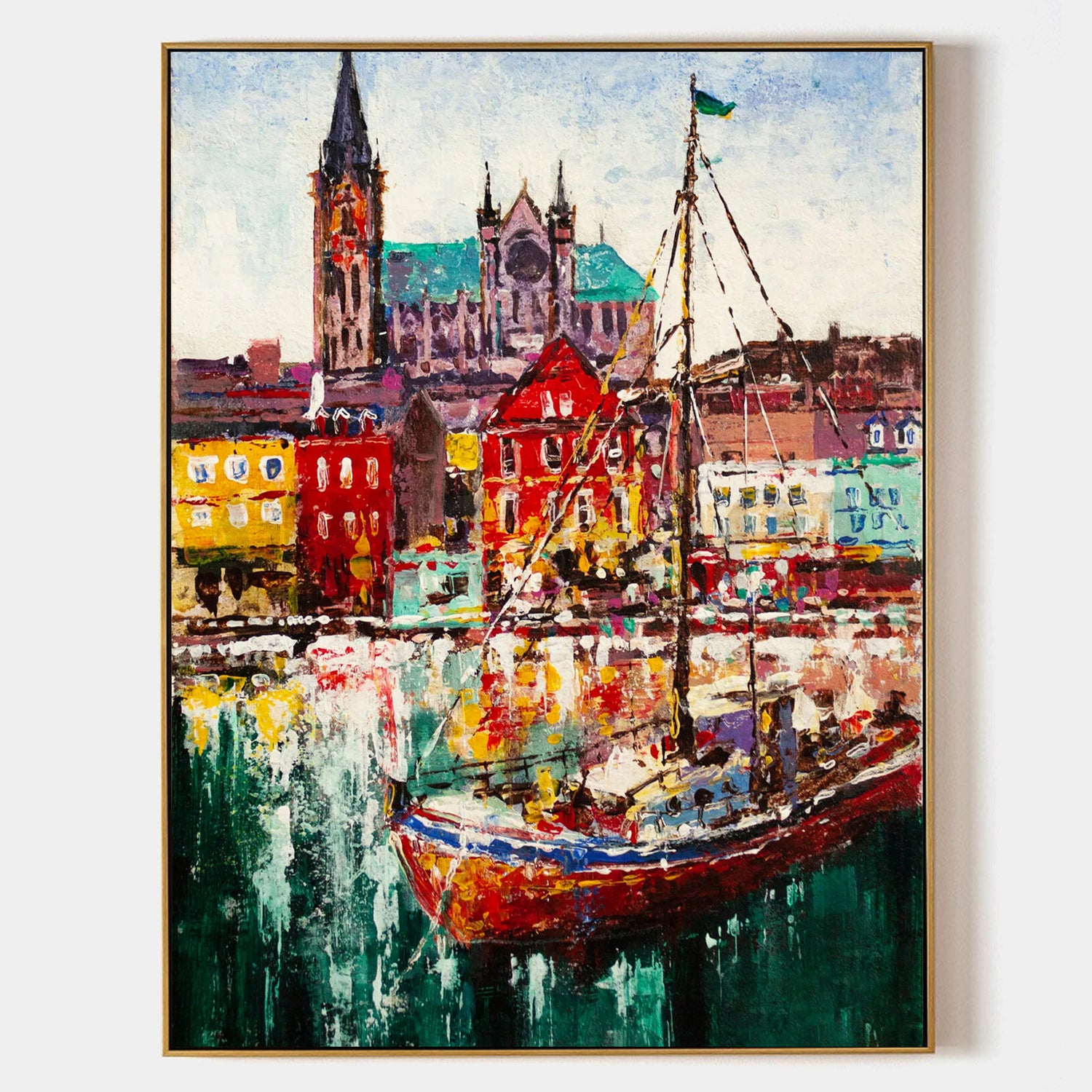 a painting of a boat in a harbor