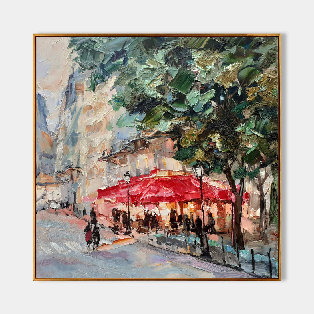 a painting of a city street with a red umbrella