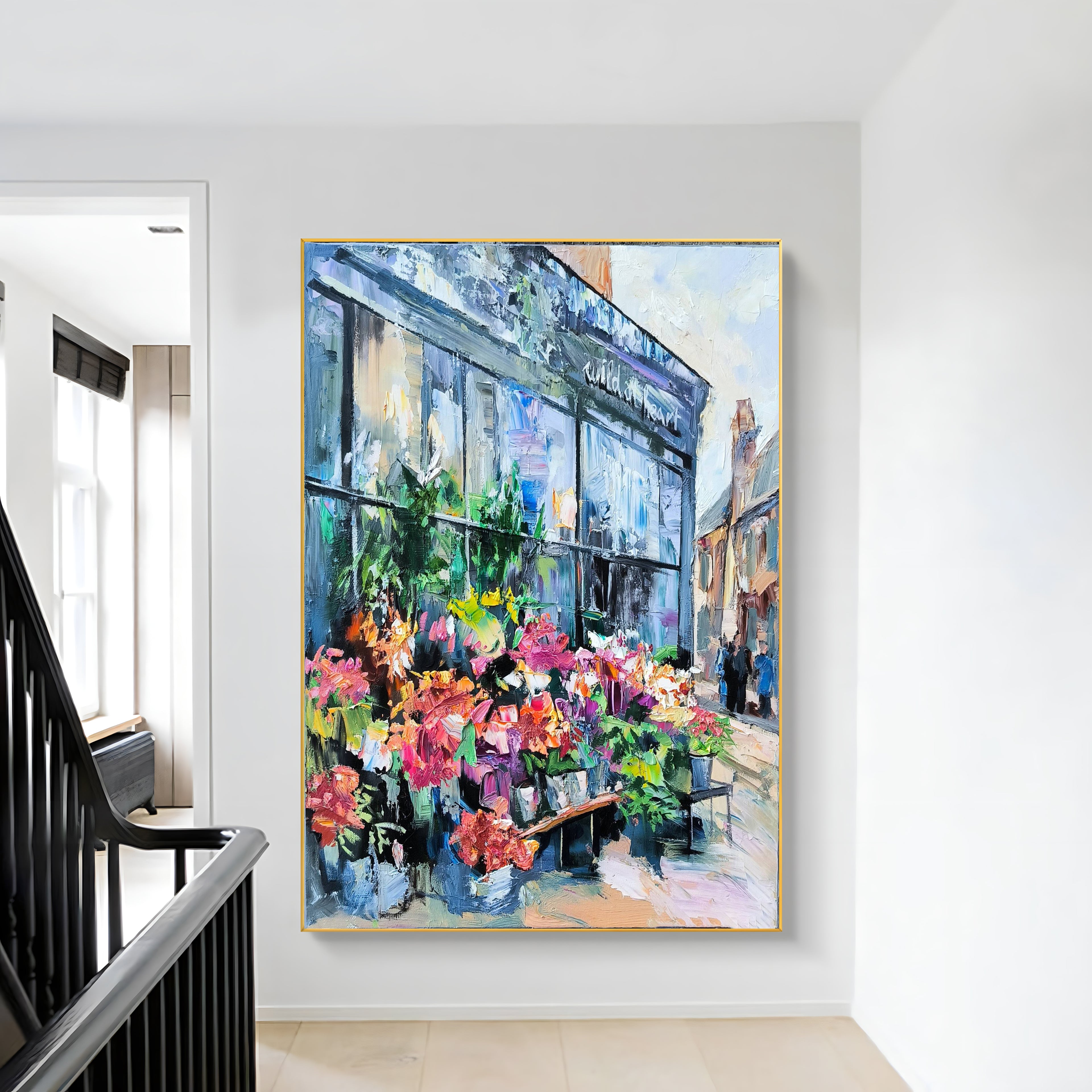 a painting of a flower shop on a wall