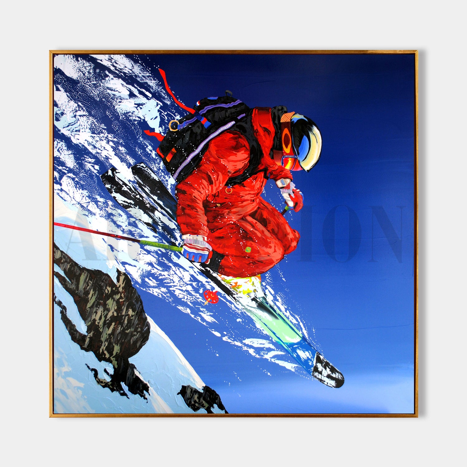 a man riding skis down the side of a snow covered slope