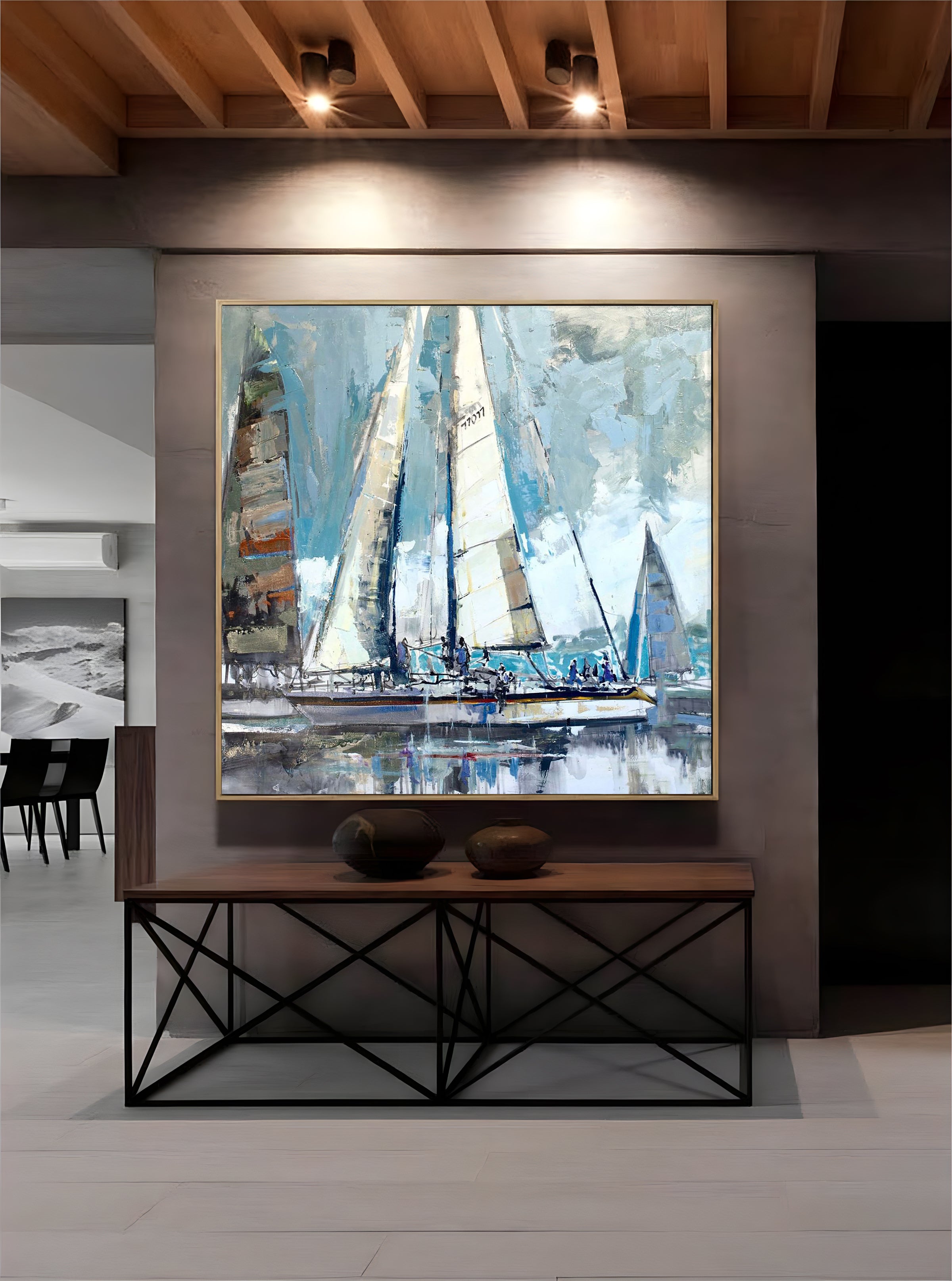 a painting of a sailboat in a room